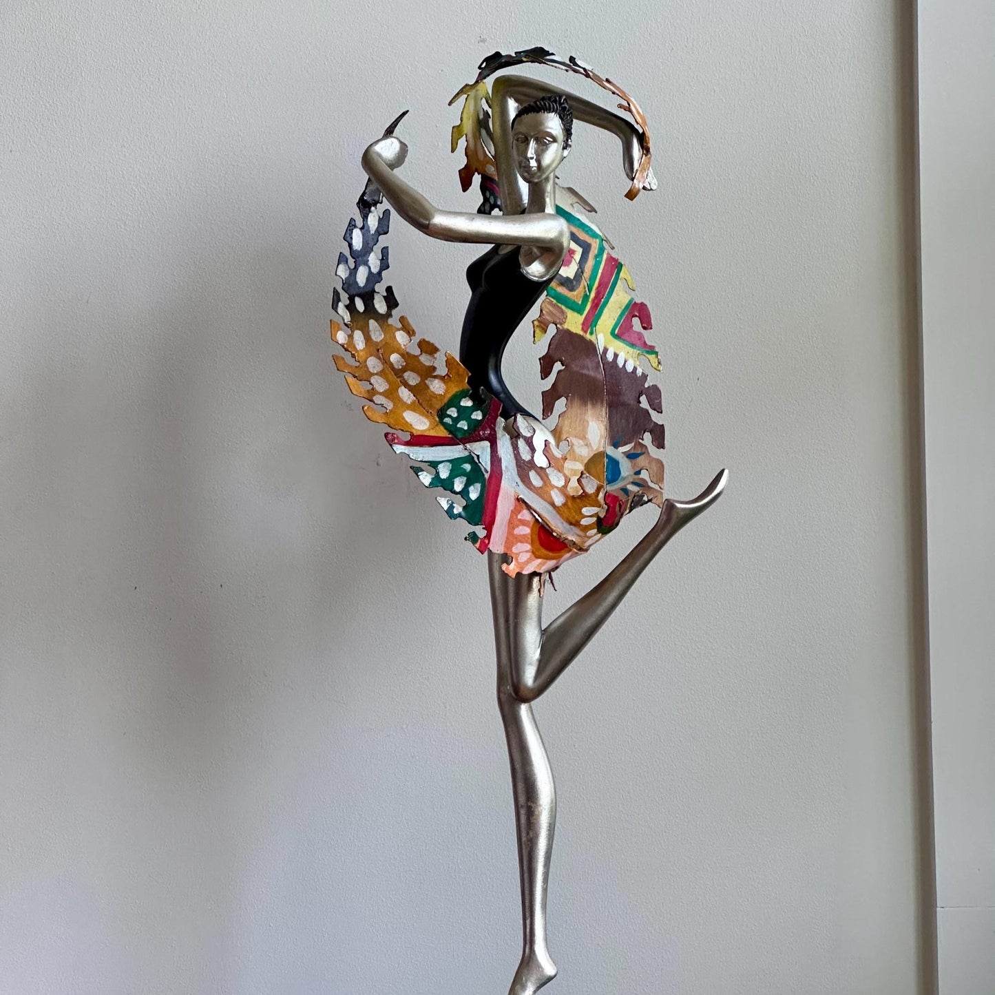 Hand-Painted Modernist Dancer Sculpture – Silver and Black with Abstract Multicolor Scarf
