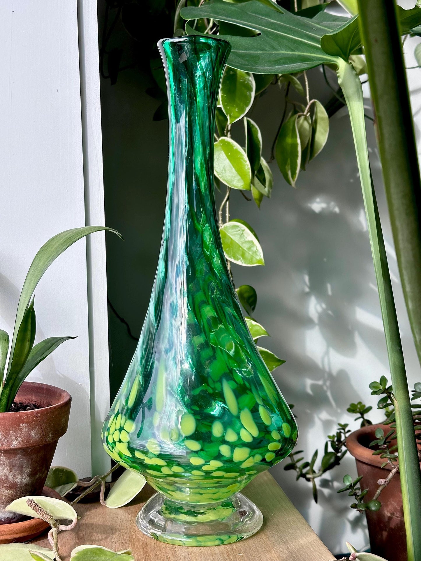 Large Vintage Hand Blown Art Glass Vase / Decanter – Emerald Green with Swirling Yellow Spots – Mid-Century Style