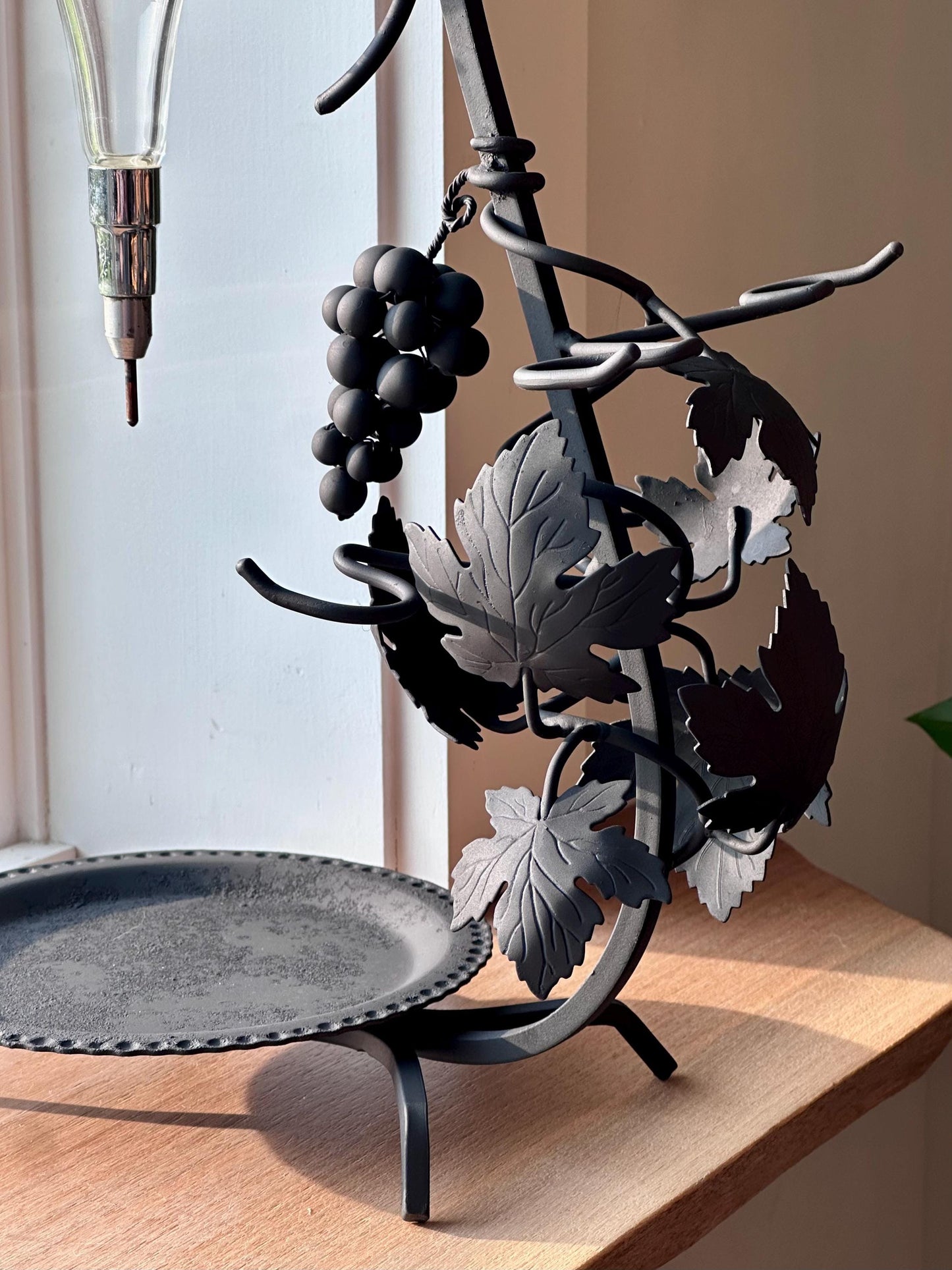 Vintage Wrought Iron Austrian Wine Decanter Set with Etched Glass and Hanging Crystal Glasses | Rustic Wine Dispenser
