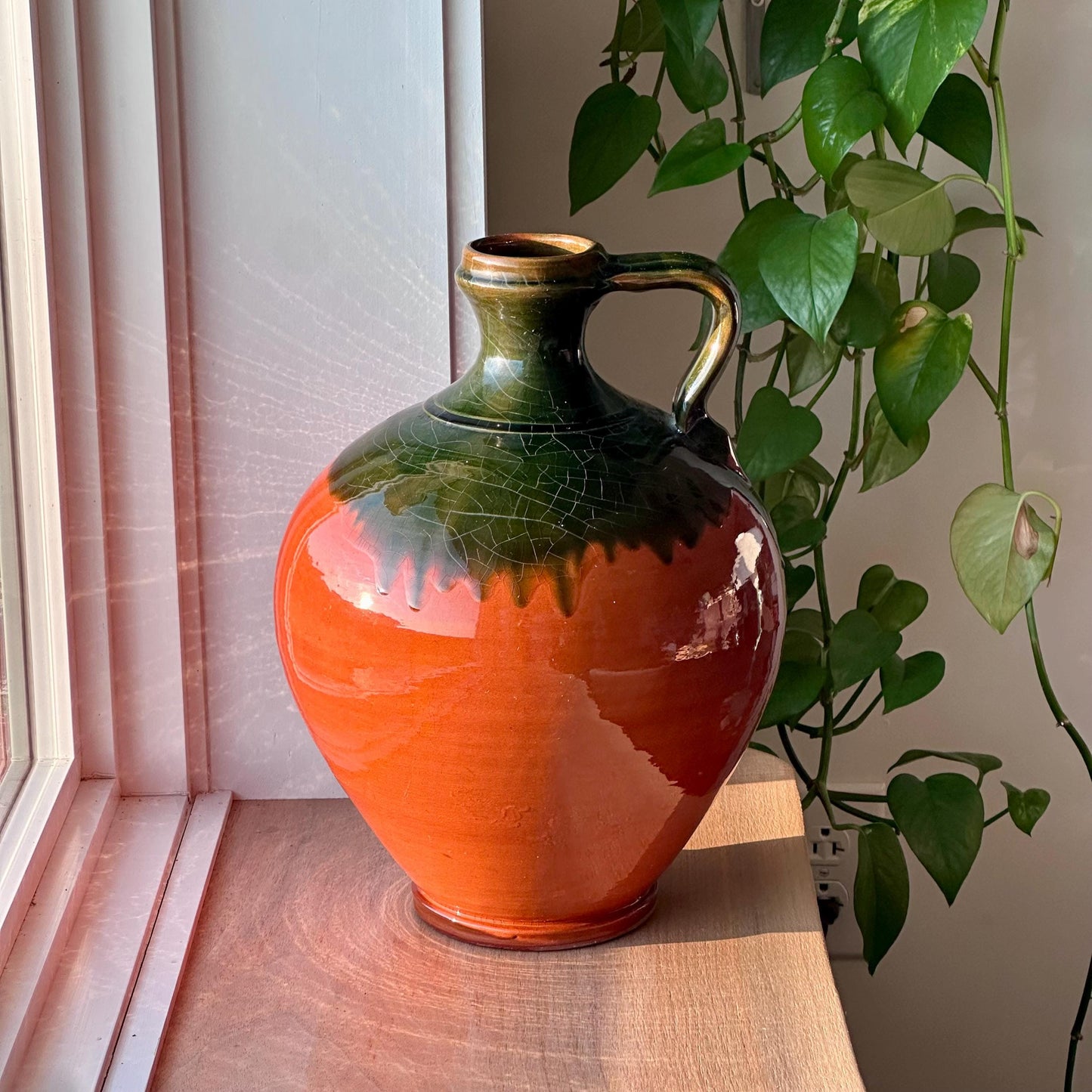 Large Vintage Redware Pitcher – Drip Glaze Handle Jug