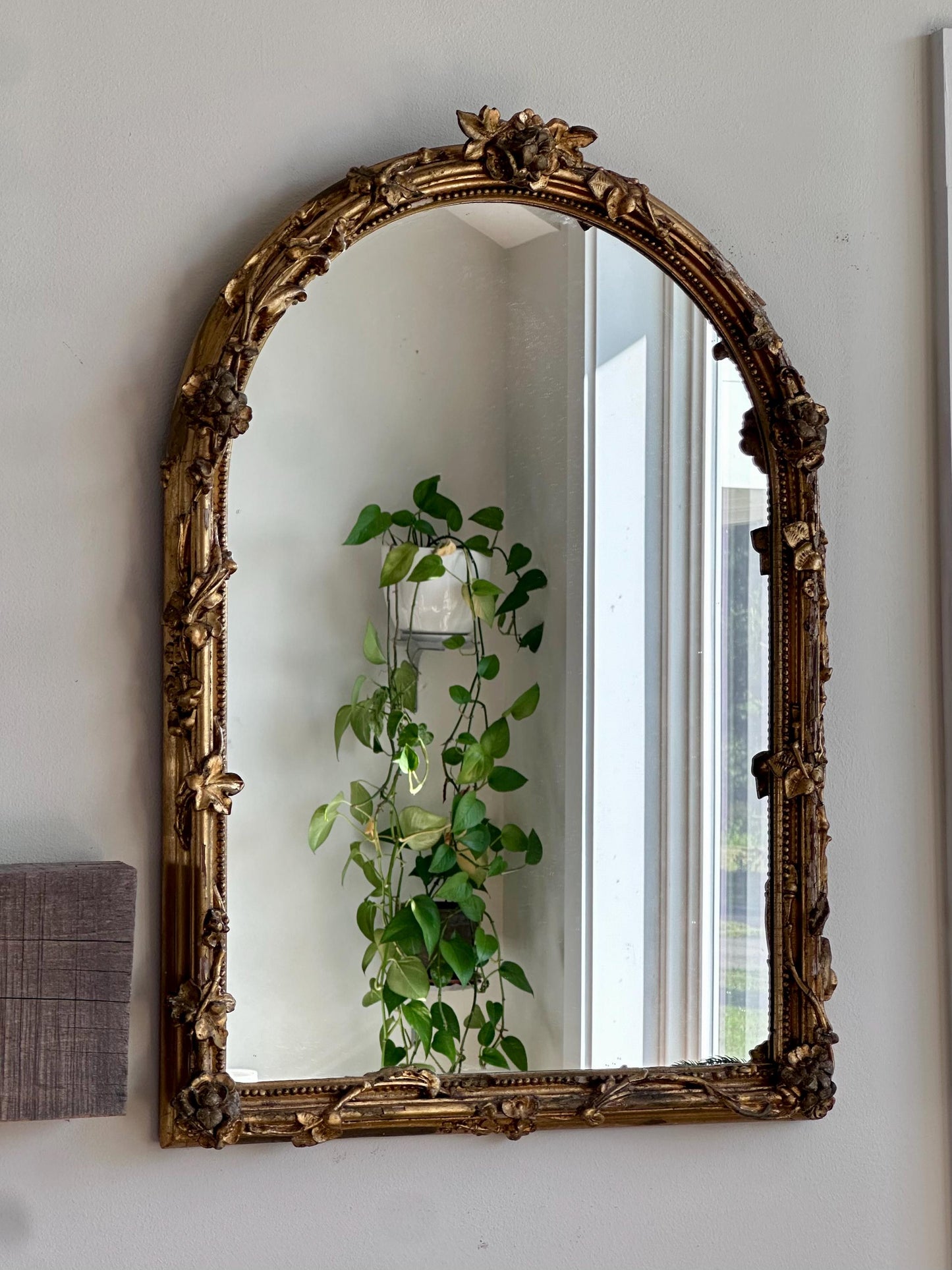 Antique Ornate Gilt Wood Mirror – Floral Carved Frame, Arched Top – French/Italian Design