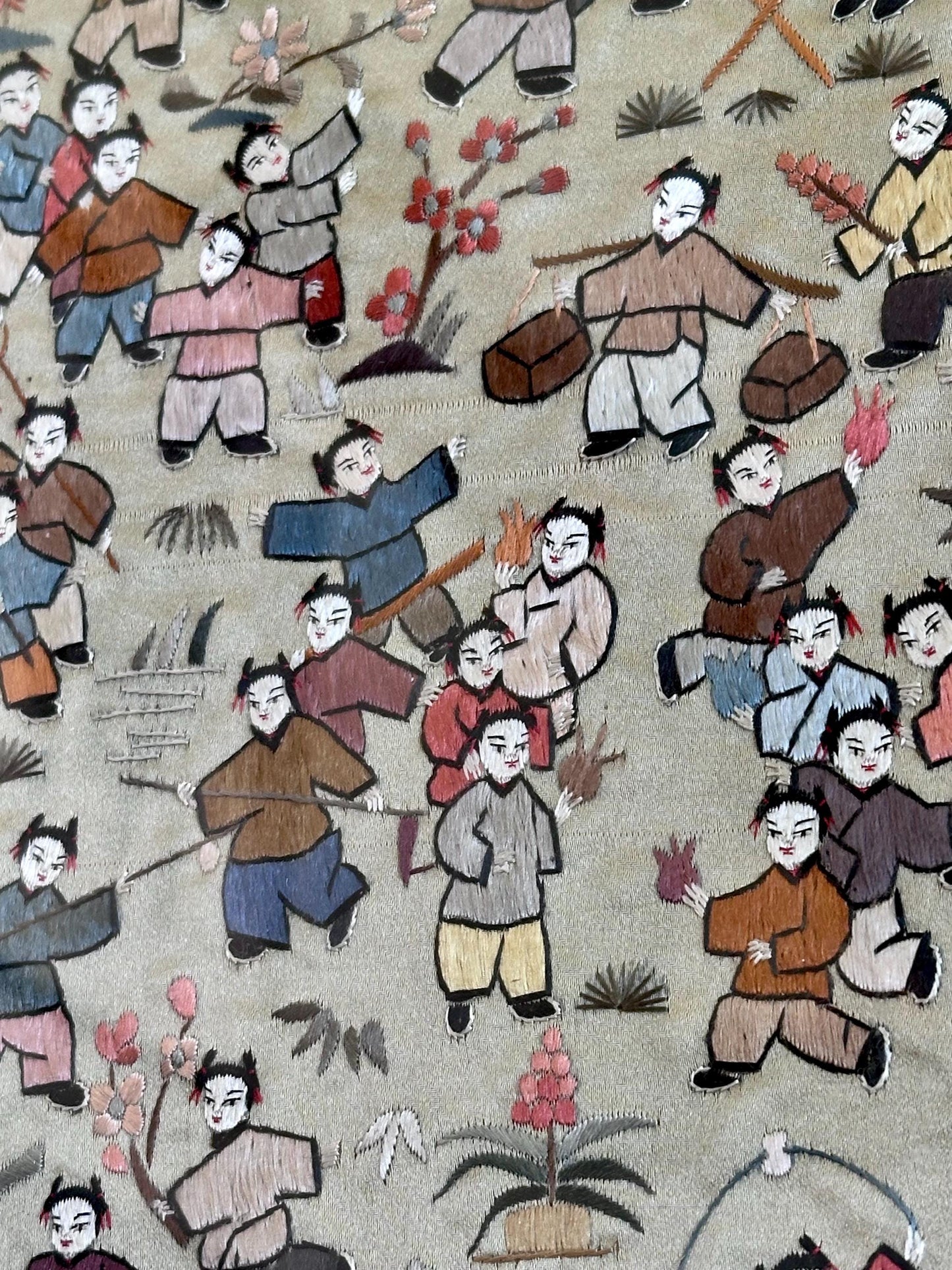 Antique Chinese Embroidery – Framed Silk Textile Art – 100 Children Celebration Scene