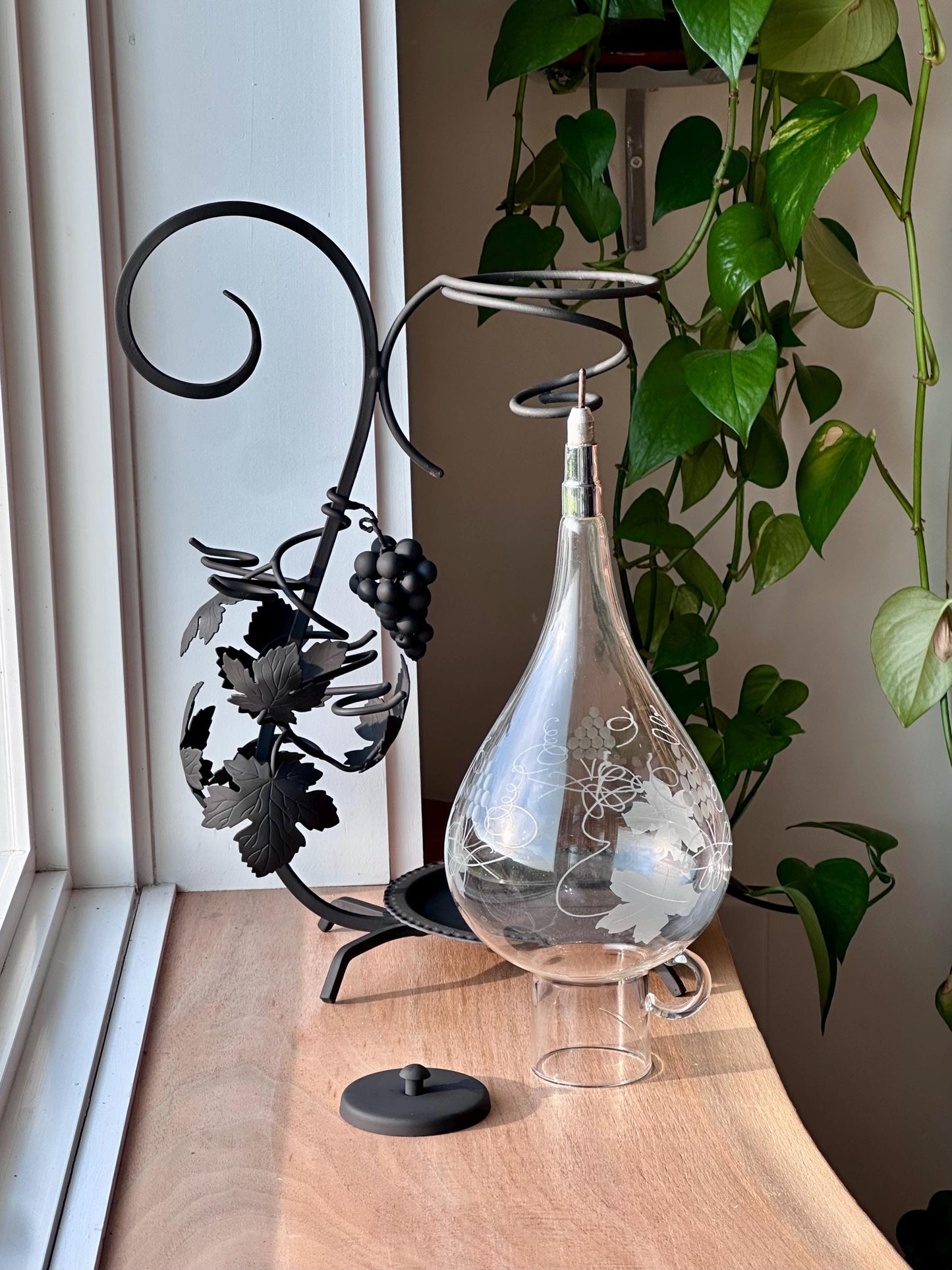 Vintage Wrought Iron Austrian Wine Decanter Set with Etched Glass and Hanging Crystal Glasses | Rustic Wine Dispenser