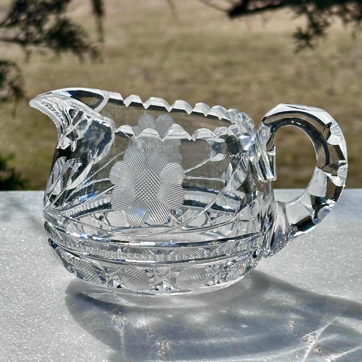 antique crystal creamer sugar bowl set american brilliant period floral cut pattern with starburst base – vintage antique home decor from Mid Hudson Vintage