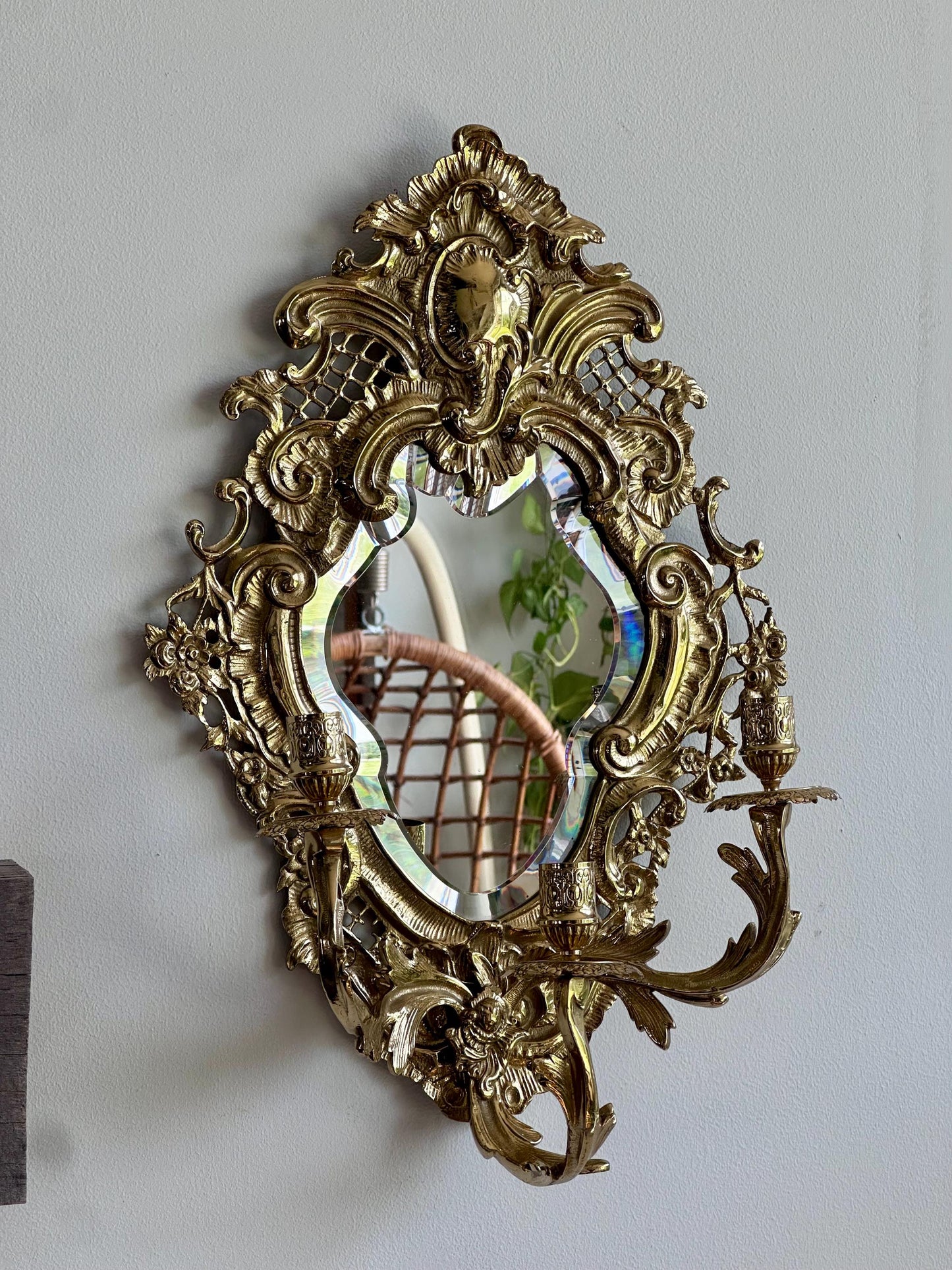 Pair of Vintage Ornate Gilded Brass Wall Sconces with Beveled Mirrors and Candle Holders – Rococo Hollywood Regency Style