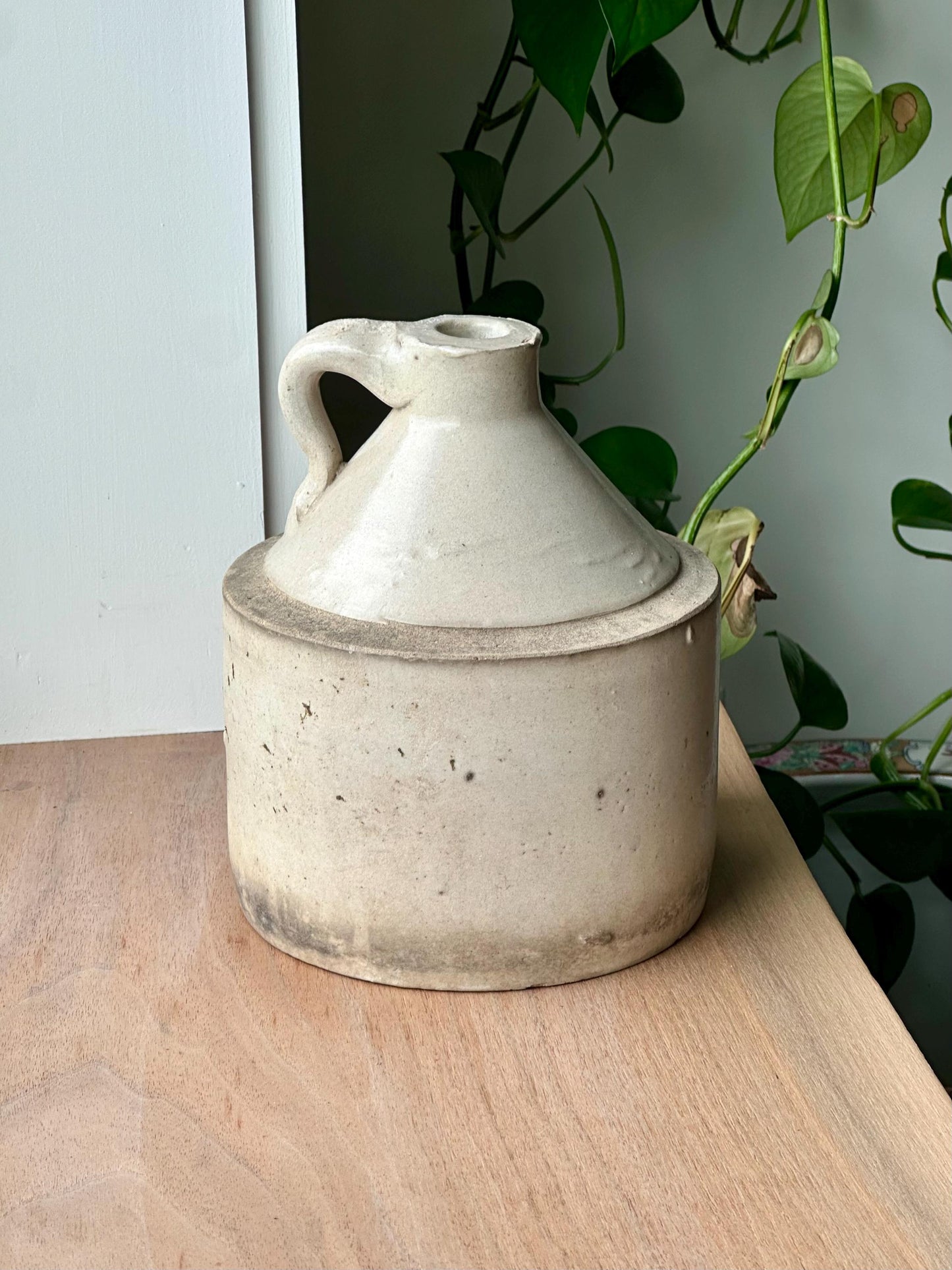 ntique Stoneware Jug with Primitive Handle | Early American Whiskey or Molasses Jug | Rustic Farmhouse Crock Decor