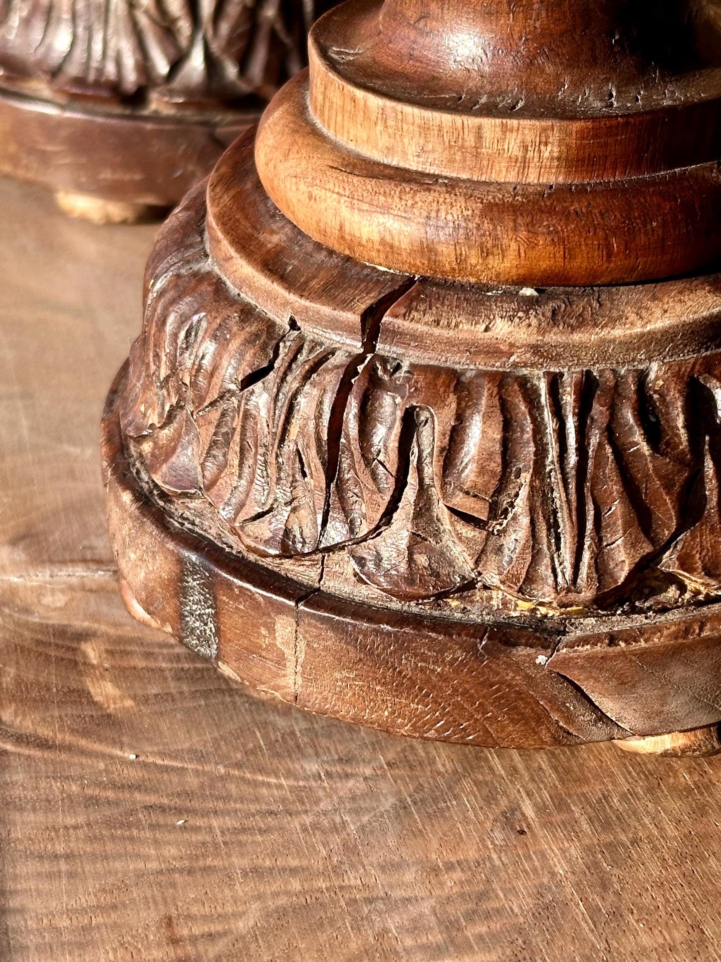 Antique Hand-Carved Wooden Candelabra Candlestick Holders – Ornate Pair with Three-Light Arms
