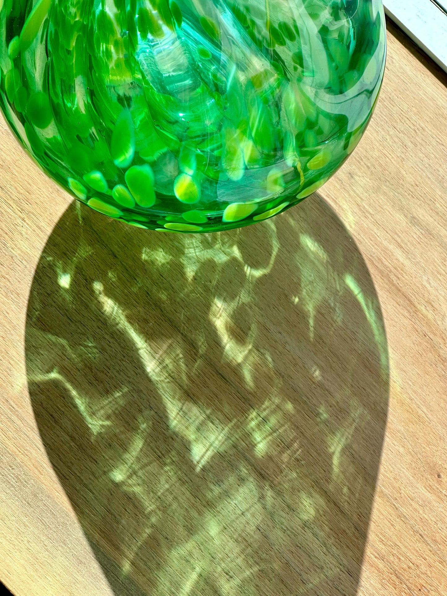 Large Vintage Hand Blown Art Glass Vase / Decanter – Emerald Green with Swirling Yellow Spots – Mid-Century Style