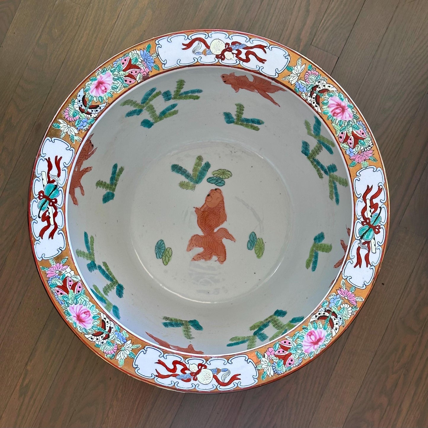 Large Hand-Painted Chinese Fishbowl Planter with Stand – Famille Rose Style