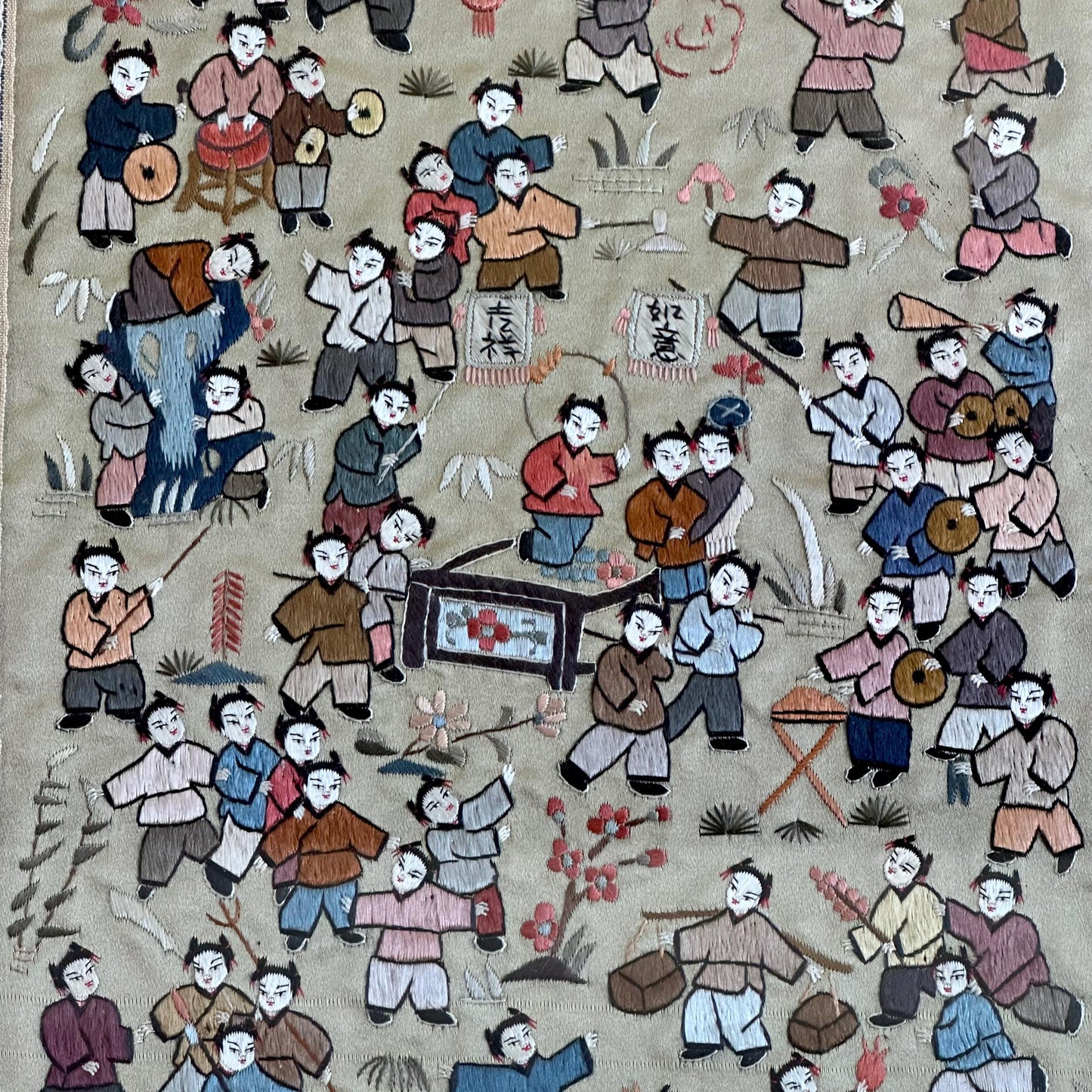 Antique Chinese Embroidery – Framed Silk Textile Art – 100 Children Celebration Scene