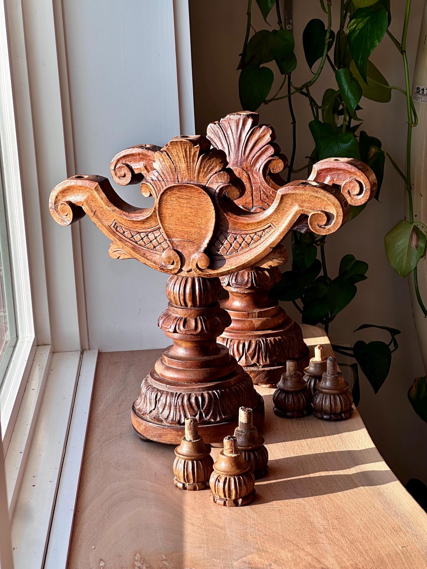 Antique Hand-Carved Wooden Candelabra Candlestick Holders – Ornate Pair with Three-Light Arms
