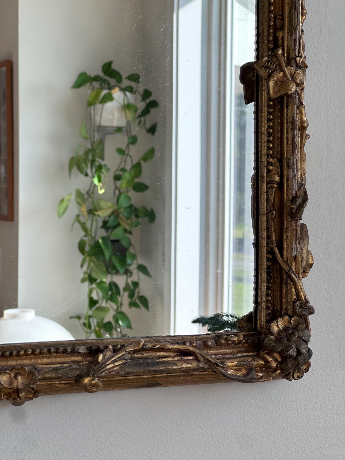 Antique Ornate Gilt Wood Mirror – Floral Carved Frame, Arched Top – French/Italian Design