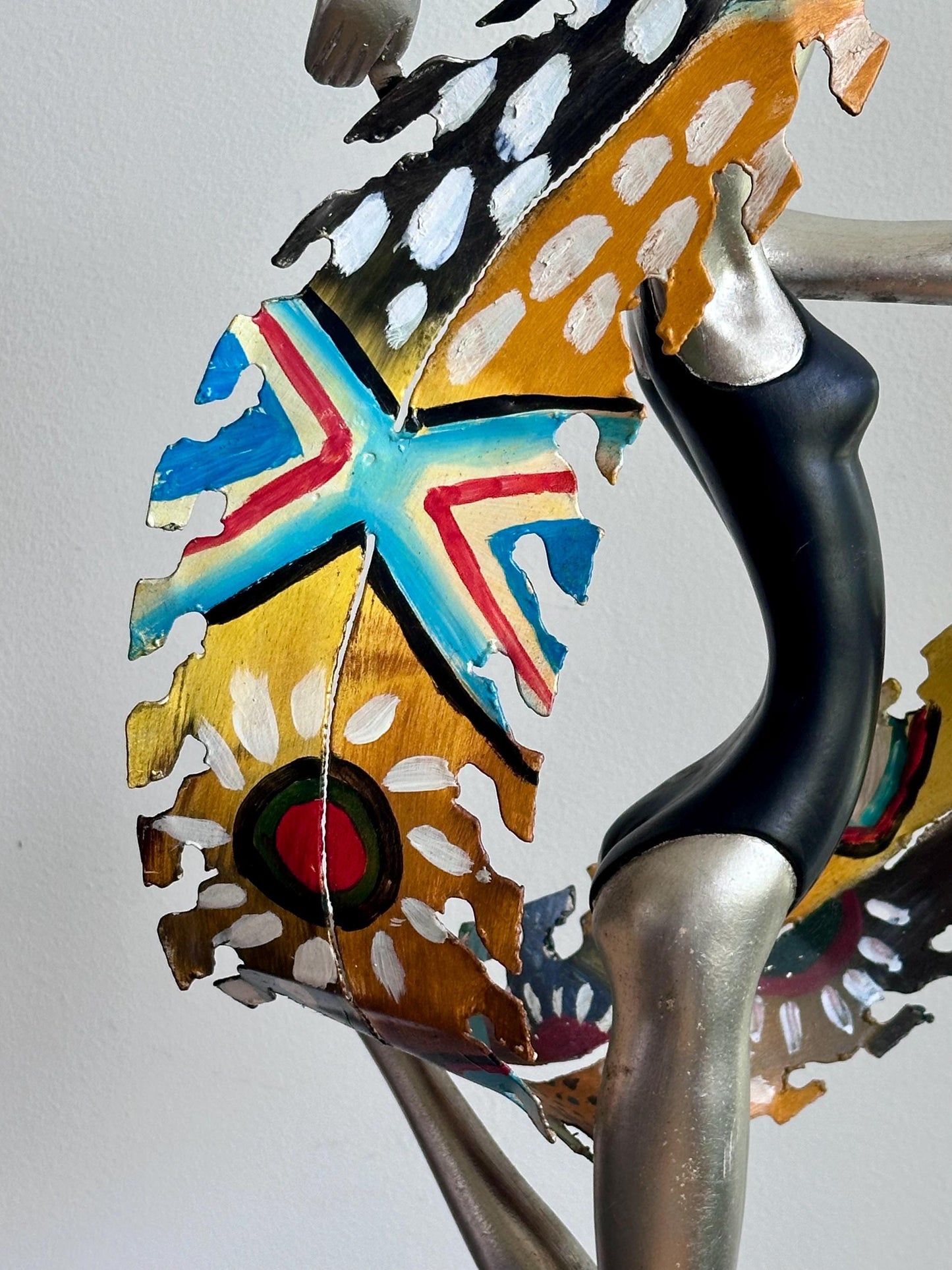 Hand-Painted Modernist Dancer Sculpture – Silver and Black with Abstract Multicolor Scarf