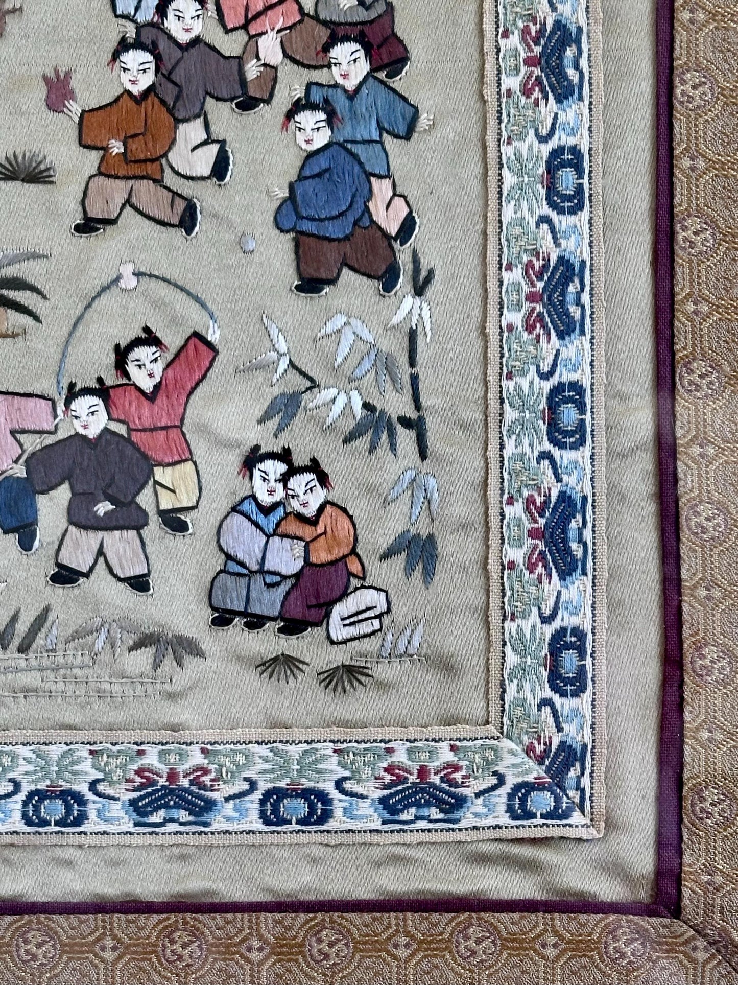Antique Chinese Embroidery – Framed Silk Textile Art – 100 Children Celebration Scene