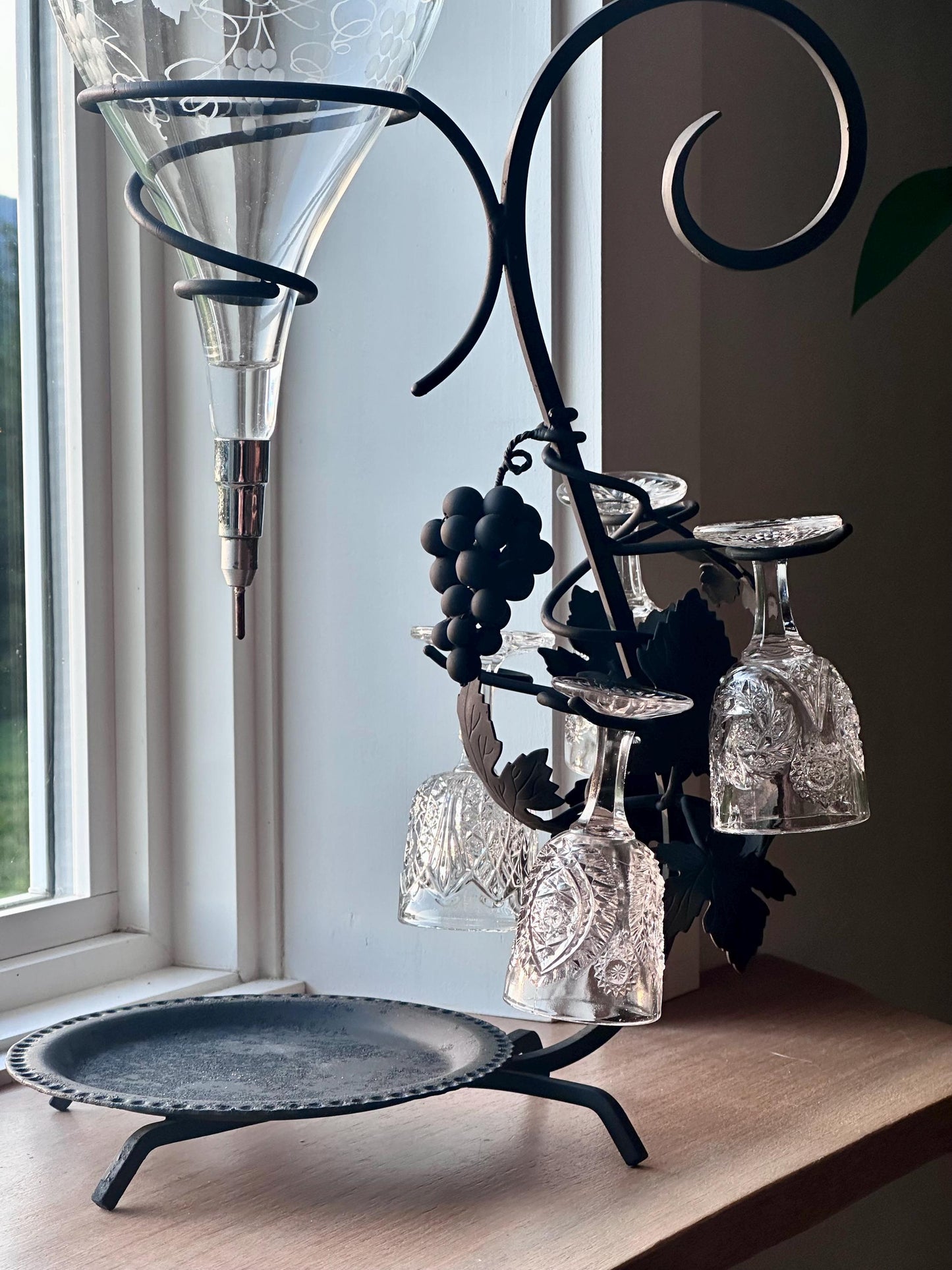 Vintage Wrought Iron Austrian Wine Decanter Set with Etched Glass and Hanging Crystal Glasses | Rustic Wine Dispenser