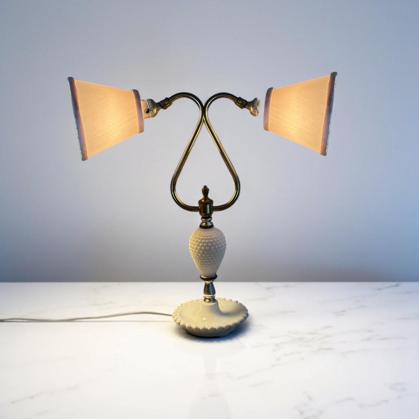 Vintage Hobnail Milk Glass Double-Arm Adjustable Lamp with Brass Accents – Dual Light, Working Condition