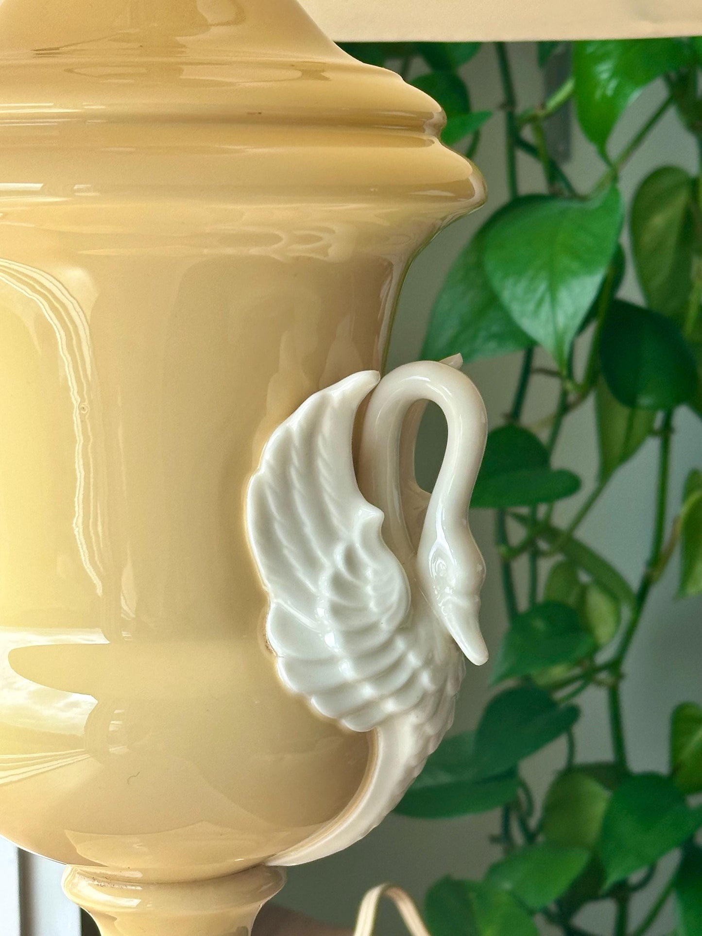 Antique French Porcelain Swan Handle Lamp – Pale Yellow Urn Table Lamp with Shade & Ornate Brass Base