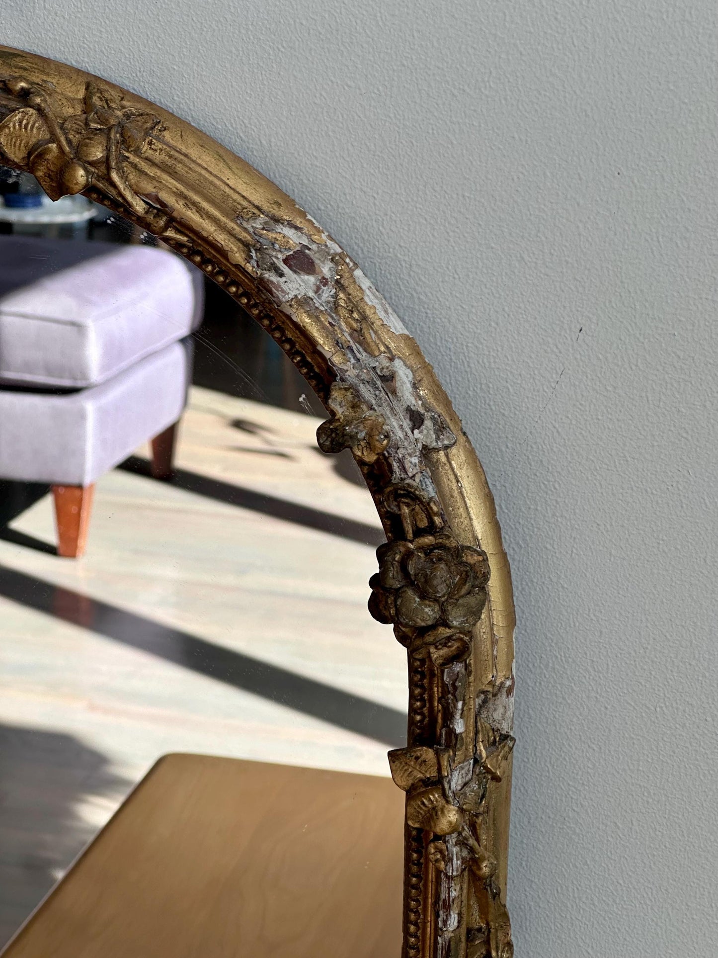 Antique Ornate Gilt Wood Mirror – Floral Carved Frame, Arched Top – French/Italian Design