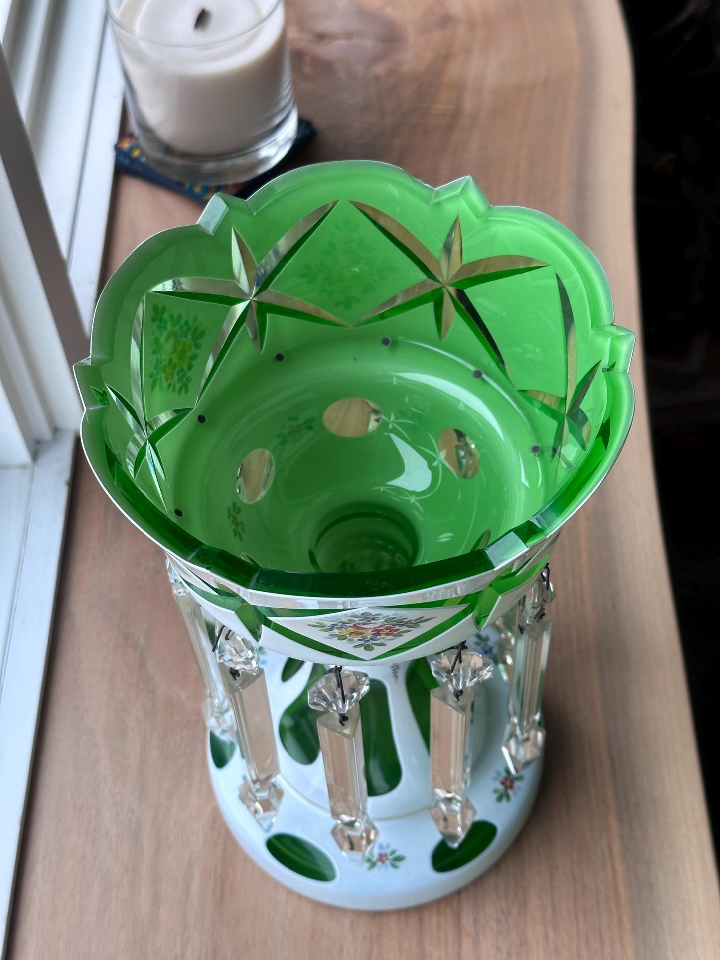 Vintage Czech Bohemian White Cut To Green Glass Mantle Luster with Enameled Flowers and Prisms