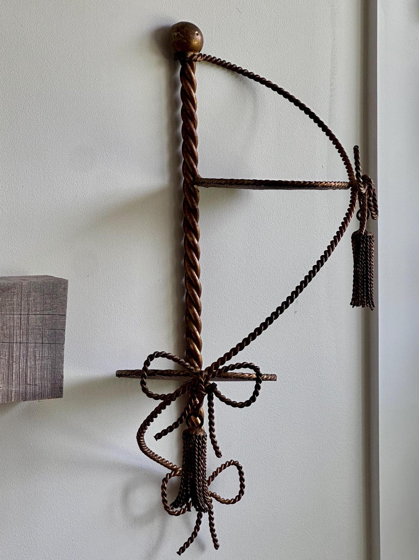Vintage Hollywood Regency Brass Wall Shelf with Tassel and Bow Design - Made in Italy