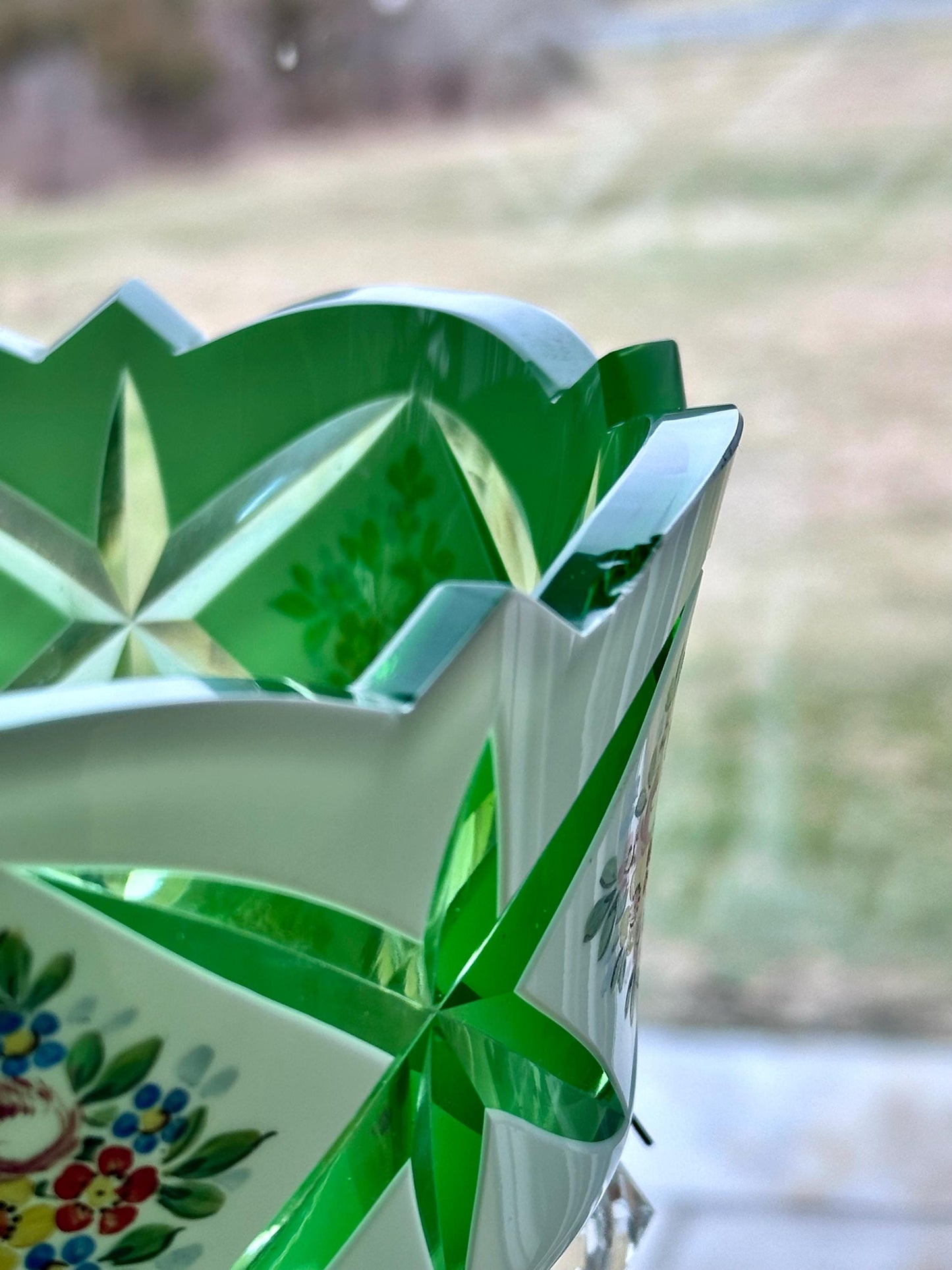 Vintage Czech Bohemian White Cut To Green Glass Mantle Luster with Enameled Flowers and Prisms
