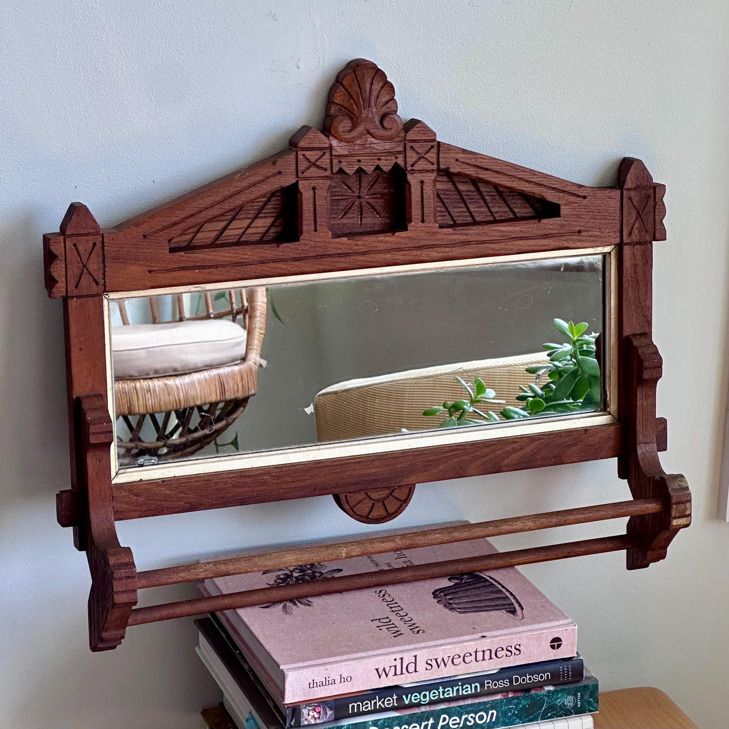 Antique Eastlake-Style Wall Mirror with Towel Bar