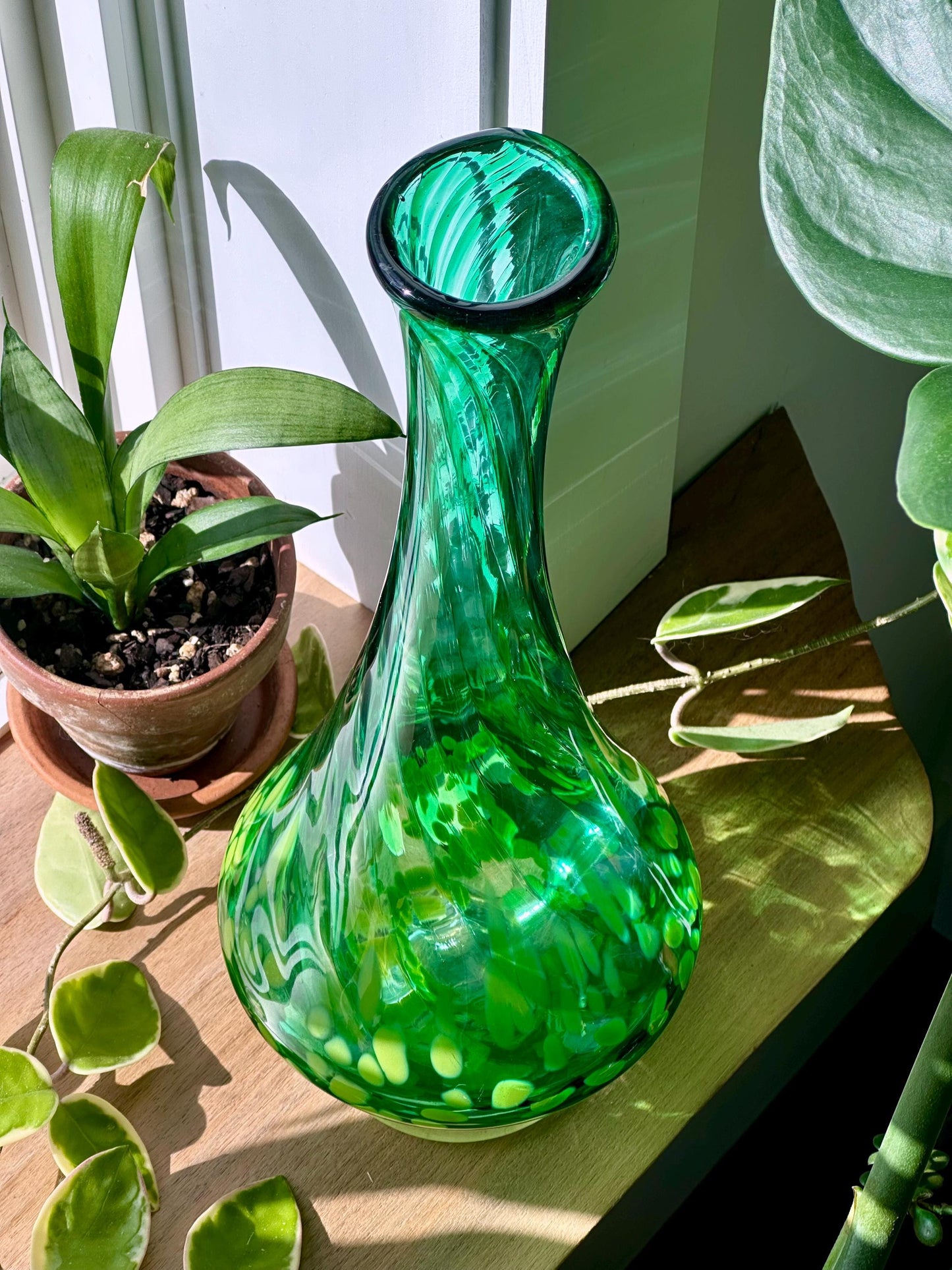 Large Vintage Hand Blown Art Glass Vase / Decanter – Emerald Green with Swirling Yellow Spots – Mid-Century Style