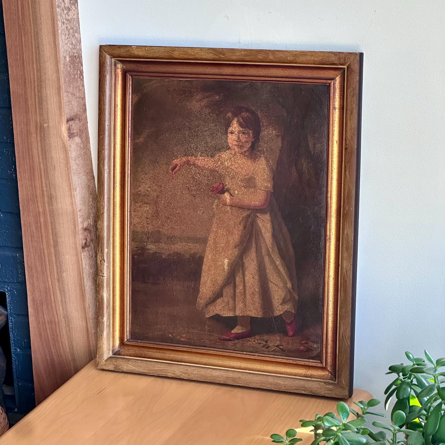 Antique Oil Painting "Child With Rose" – 19th Century Portrait in Gilt Frame – Style of Raeburn