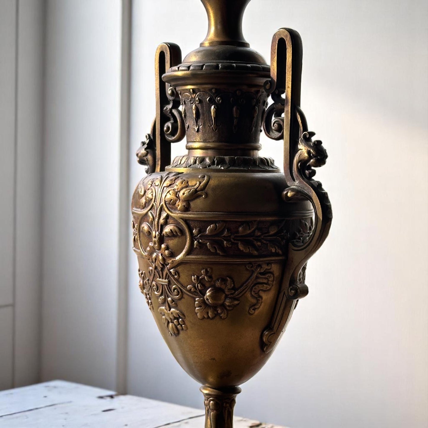Antique Brass Candelabra Lamp with Red Marble Base