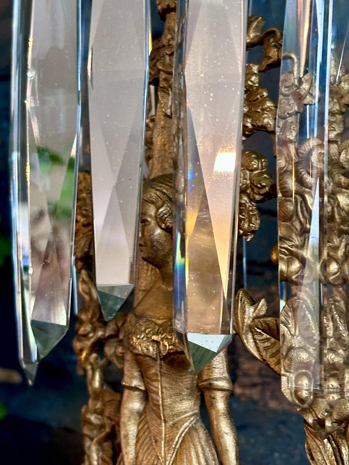 Antique Victorian/French Belle Epoque Three Piece Figural Cast Brass Girandole Candelabra Set w Prisms