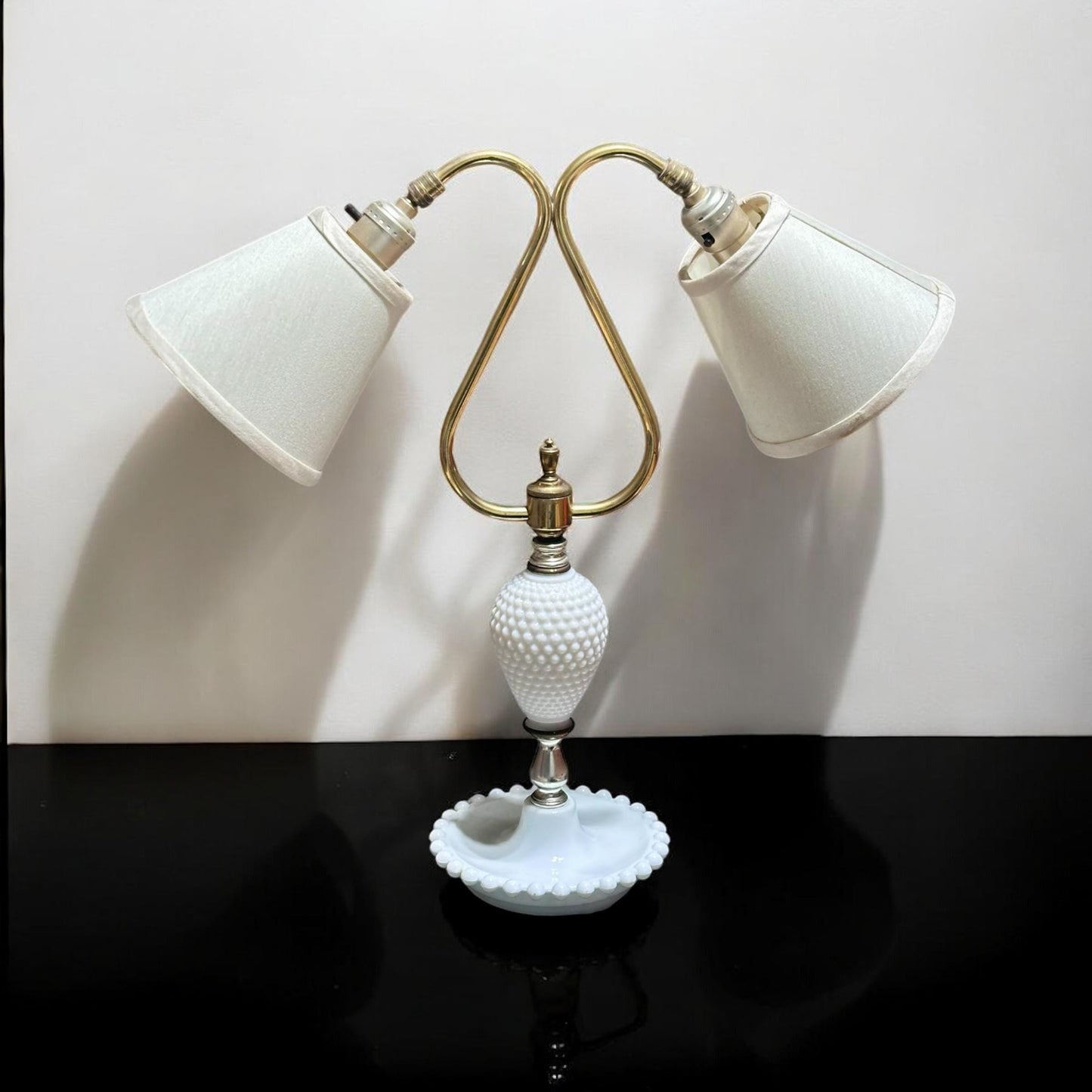 Vintage Hobnail Milk Glass Double-Arm Adjustable Lamp with Brass Accents – Dual Light, Working Condition