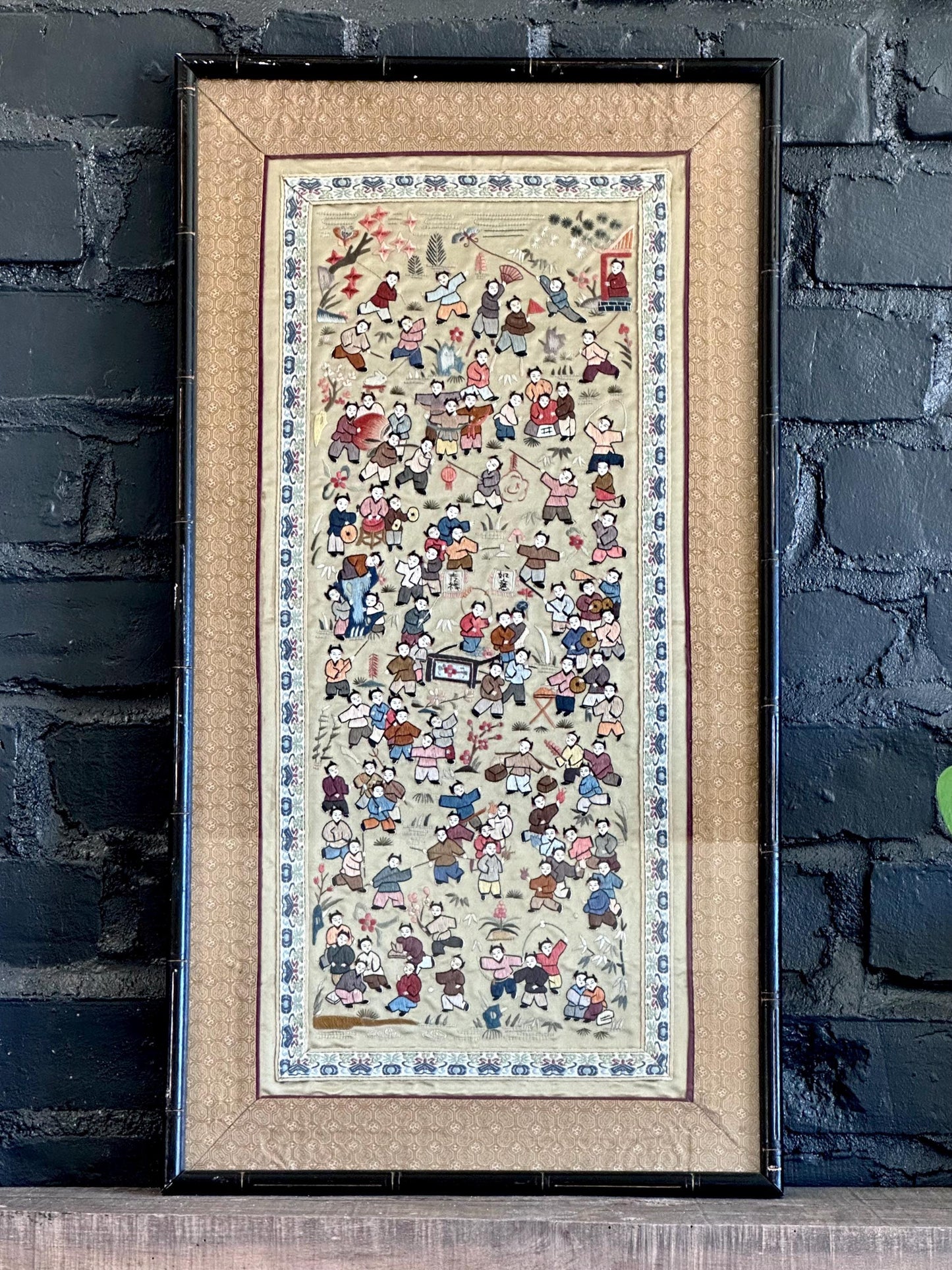 Antique Chinese Embroidery – Framed Silk Textile Art – 100 Children Celebration Scene