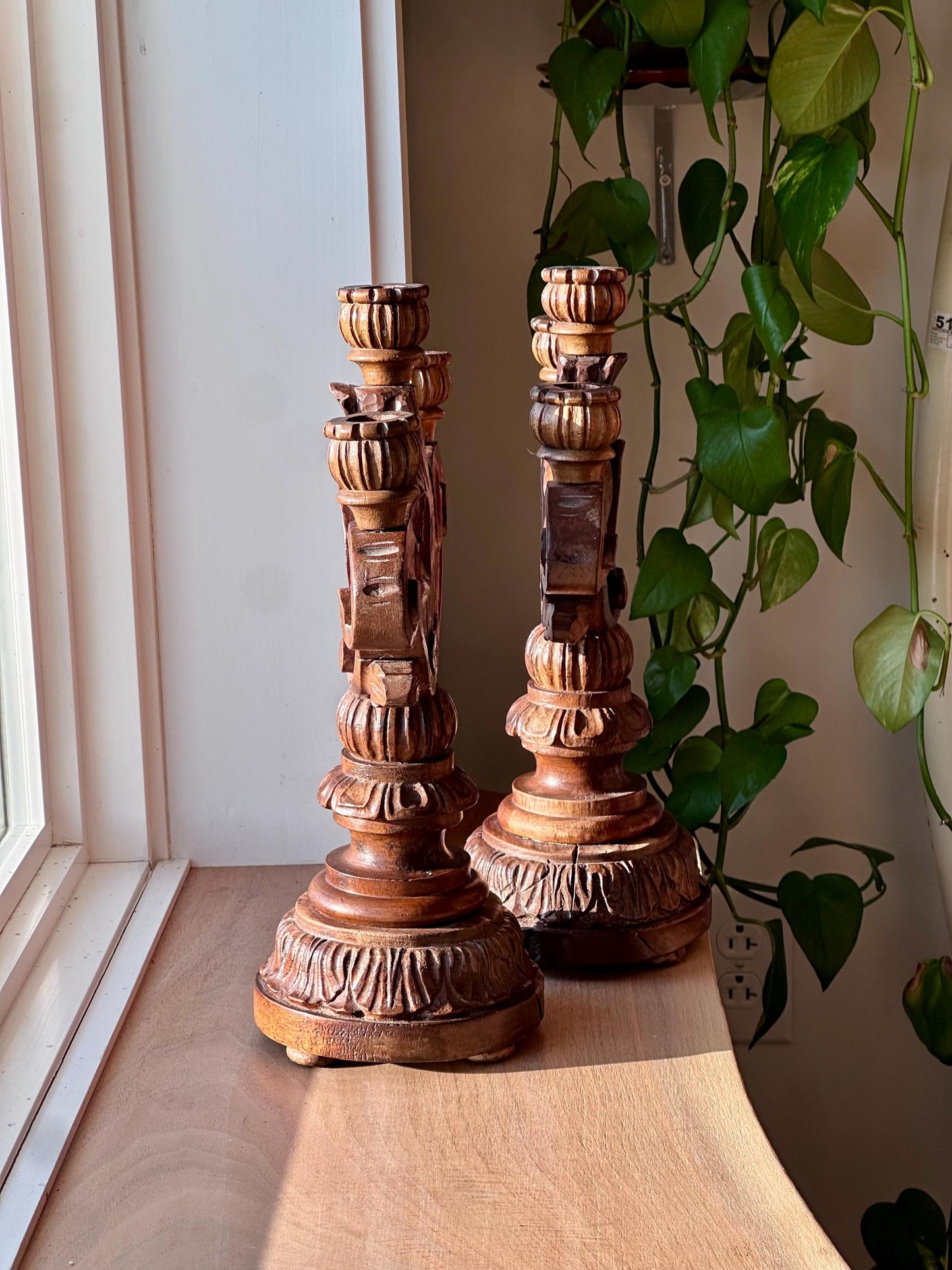 Antique Hand-Carved Wooden Candelabra Candlestick Holders – Ornate Pair with Three-Light Arms