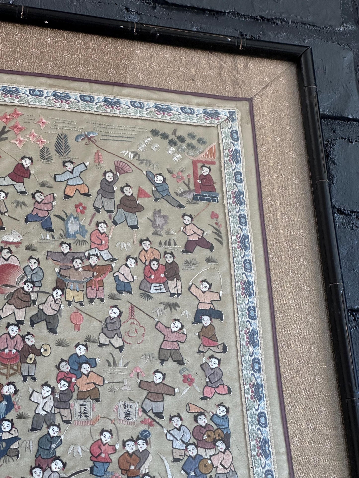 Antique Chinese Embroidery – Framed Silk Textile Art – 100 Children Celebration Scene