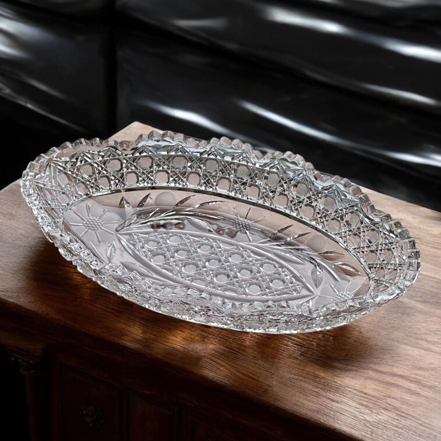 Antique American Brilliant Period Cut Glass Crystal Dish – 15" Long