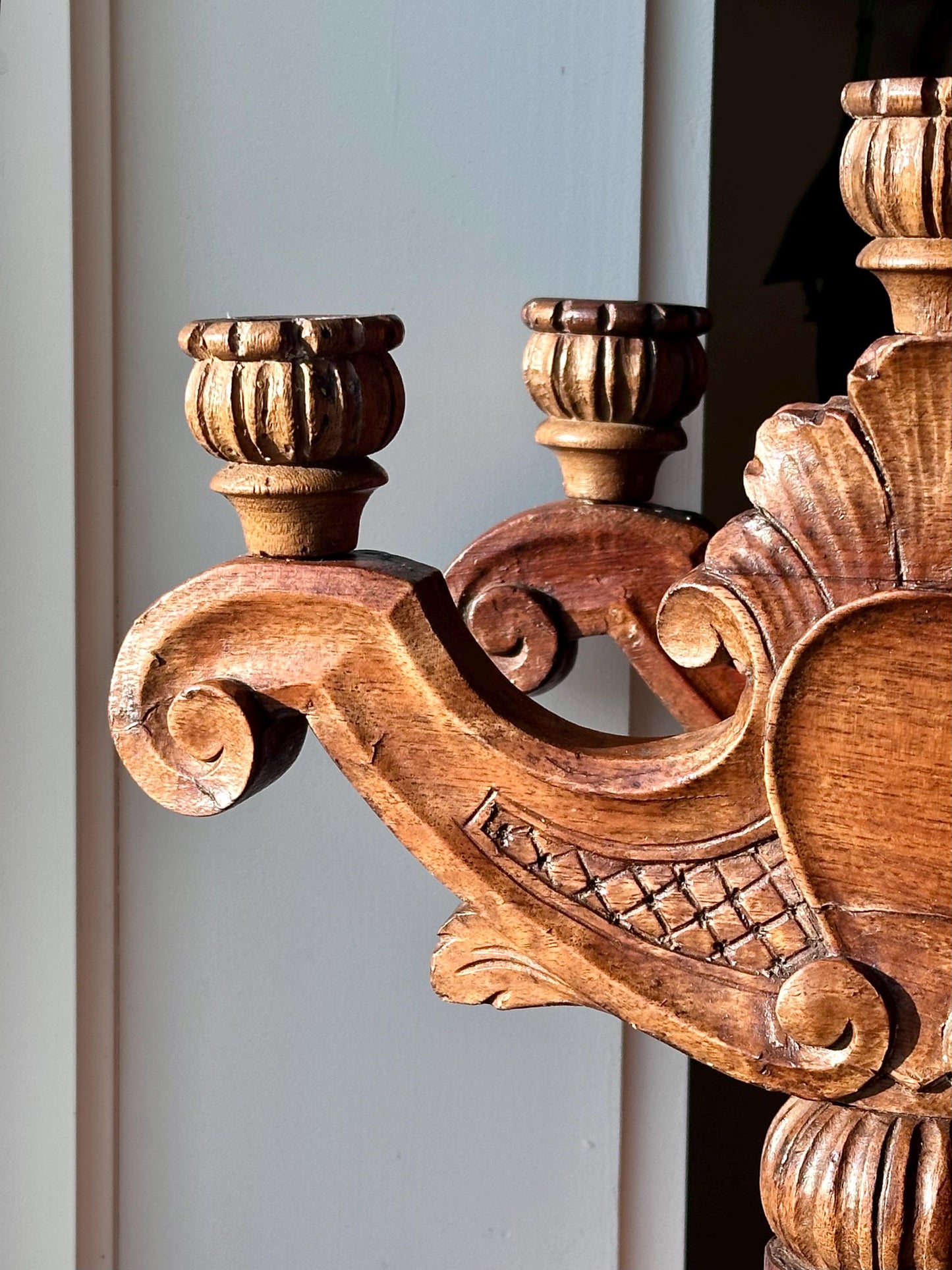 Antique Hand-Carved Wooden Candelabra Candlestick Holders – Ornate Pair with Three-Light Arms