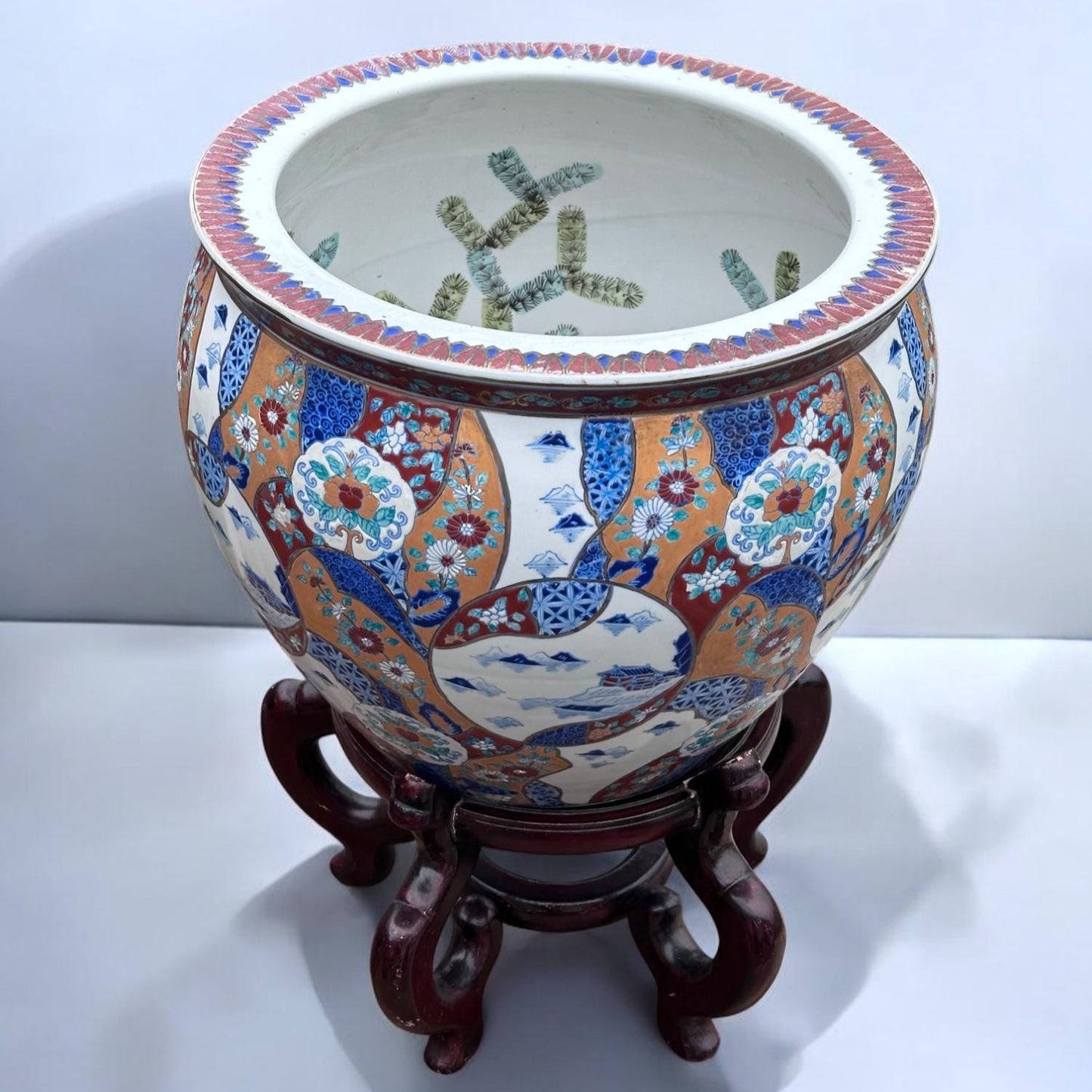 Large Vintage Imari Style Fishbowl Planter with Hand-Painted Koi & Floral Motifs – Includes Carved Wood Stand