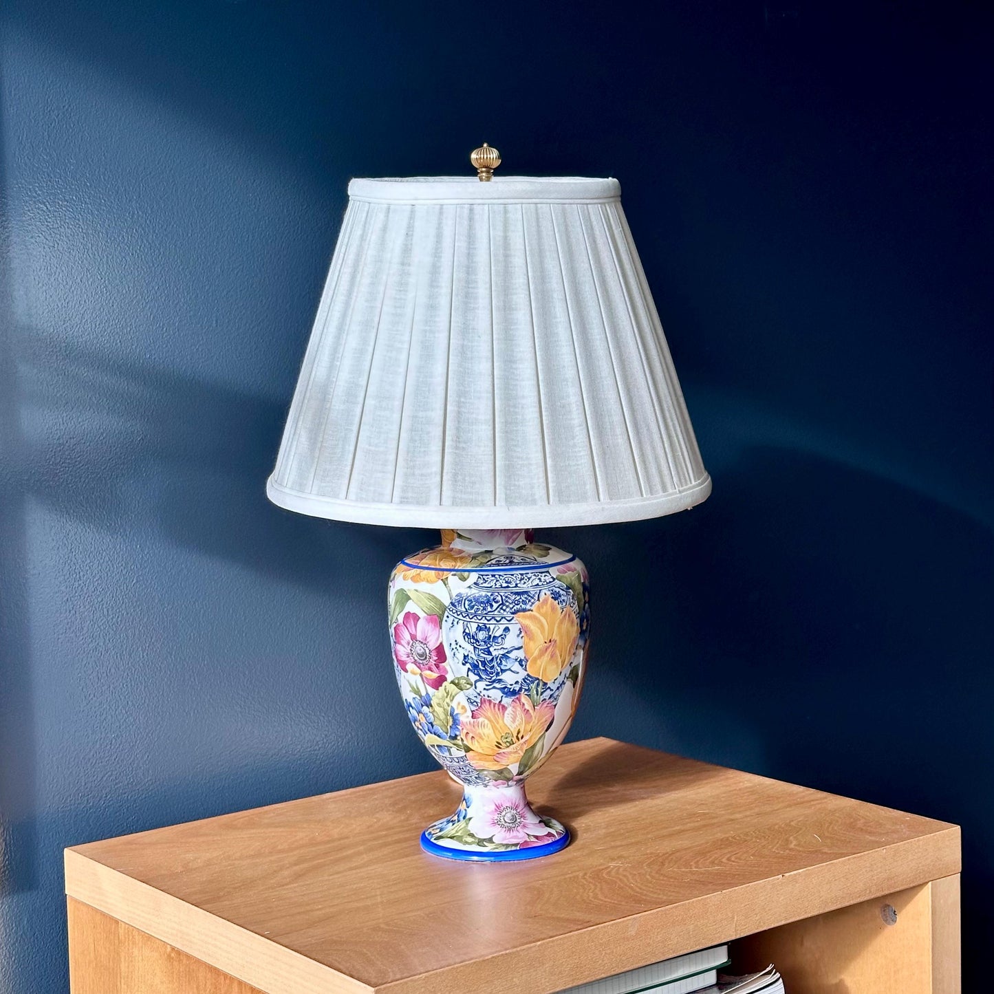 vintage italian floral ceramic table lamp with gracious home shade – vintage antique home decor from Mid Hudson Vintage