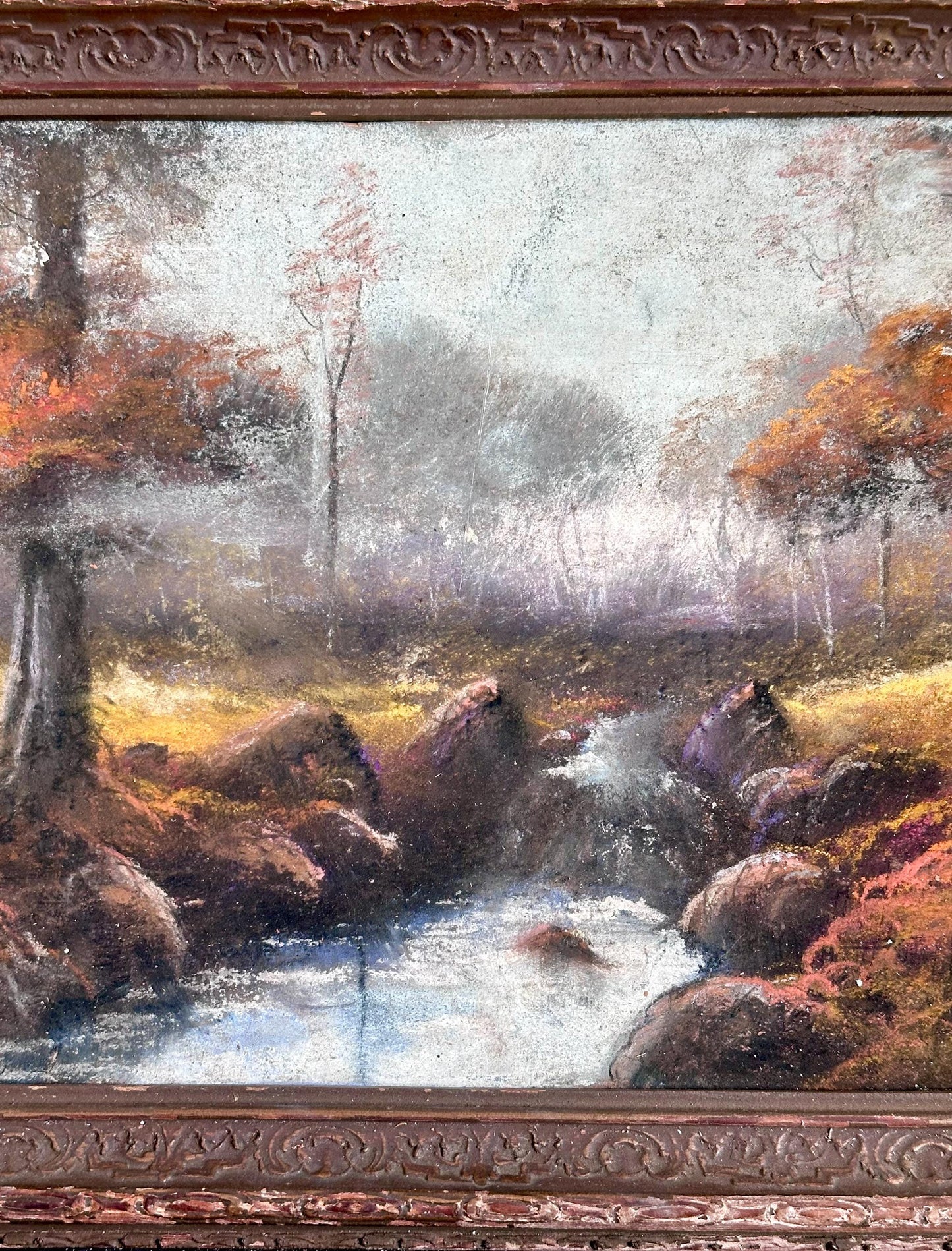 Antique Oil Pastel Landscape Painting | Vintage Framed Autumn Scene | Victorian Era Impressionist Artwork