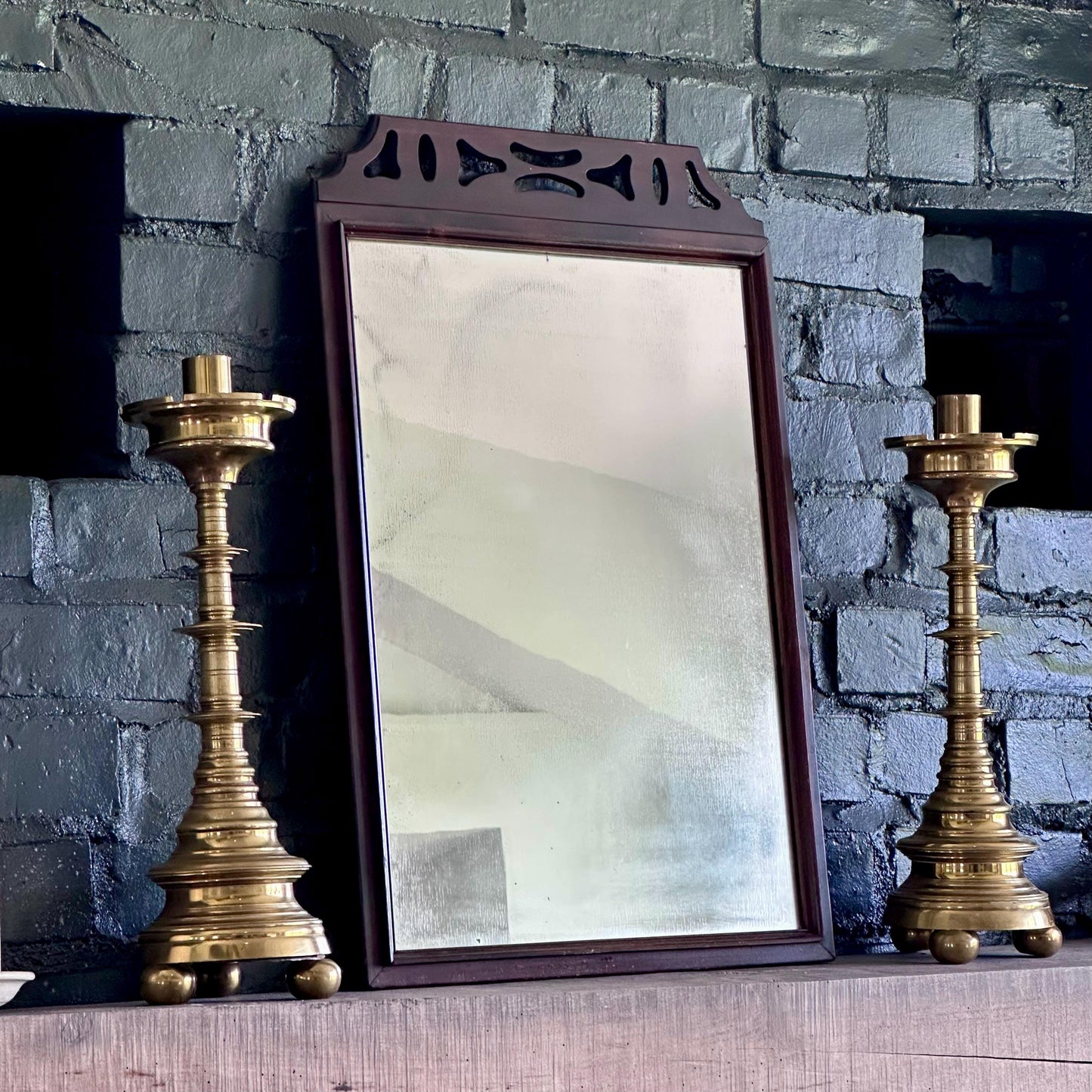 Antique Rectangular Wall Mirror with Fretwork Top