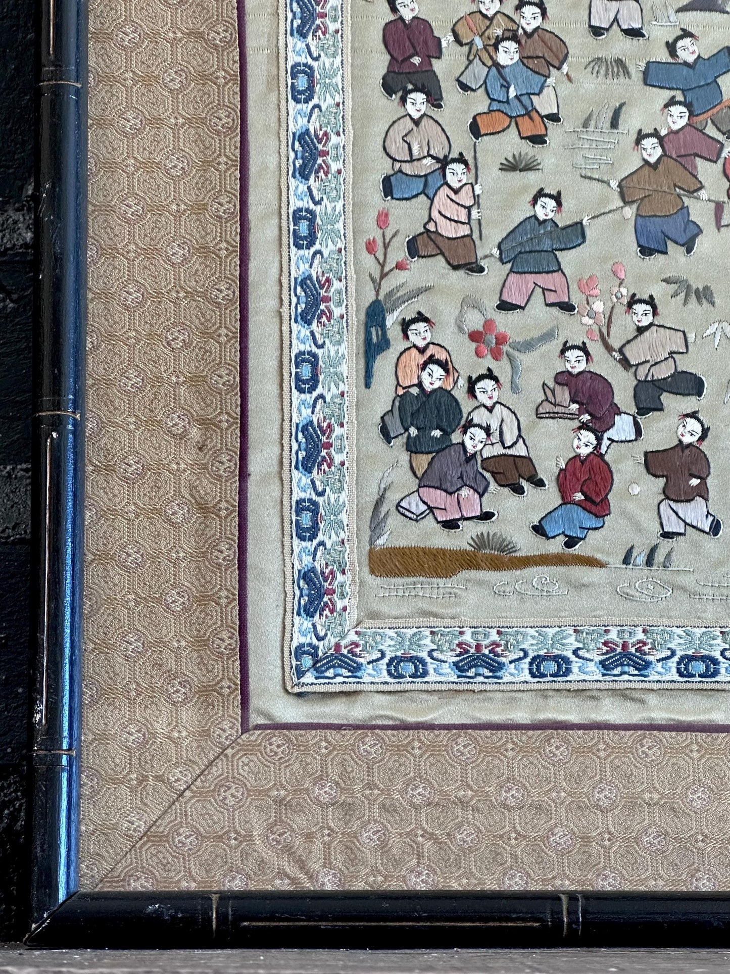 Antique Chinese Embroidery – Framed Silk Textile Art – 100 Children Celebration Scene