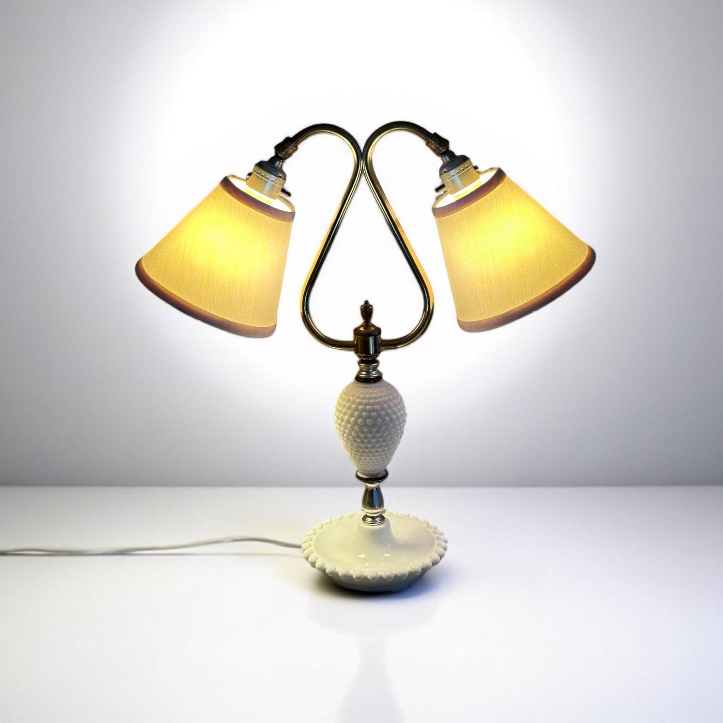 Vintage Hobnail Milk Glass Double-Arm Adjustable Lamp with Brass Accents – Dual Light, Working Condition