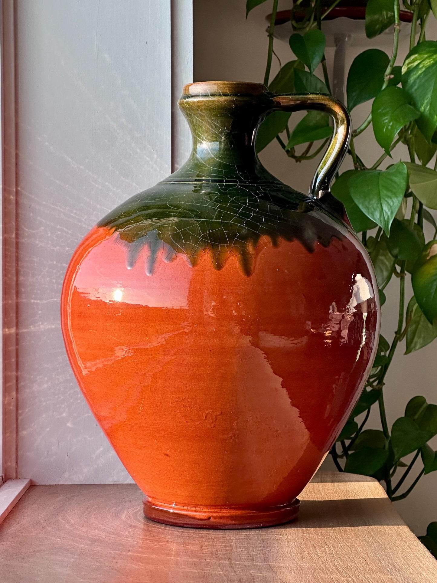 Large Vintage Redware Pitcher – Drip Glaze Handle Jug
