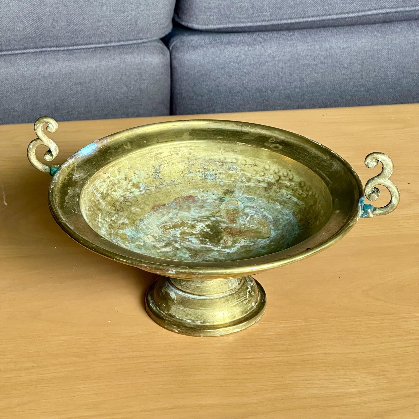 Vintage Brass Pedestal Bowl with Scroll Handles
