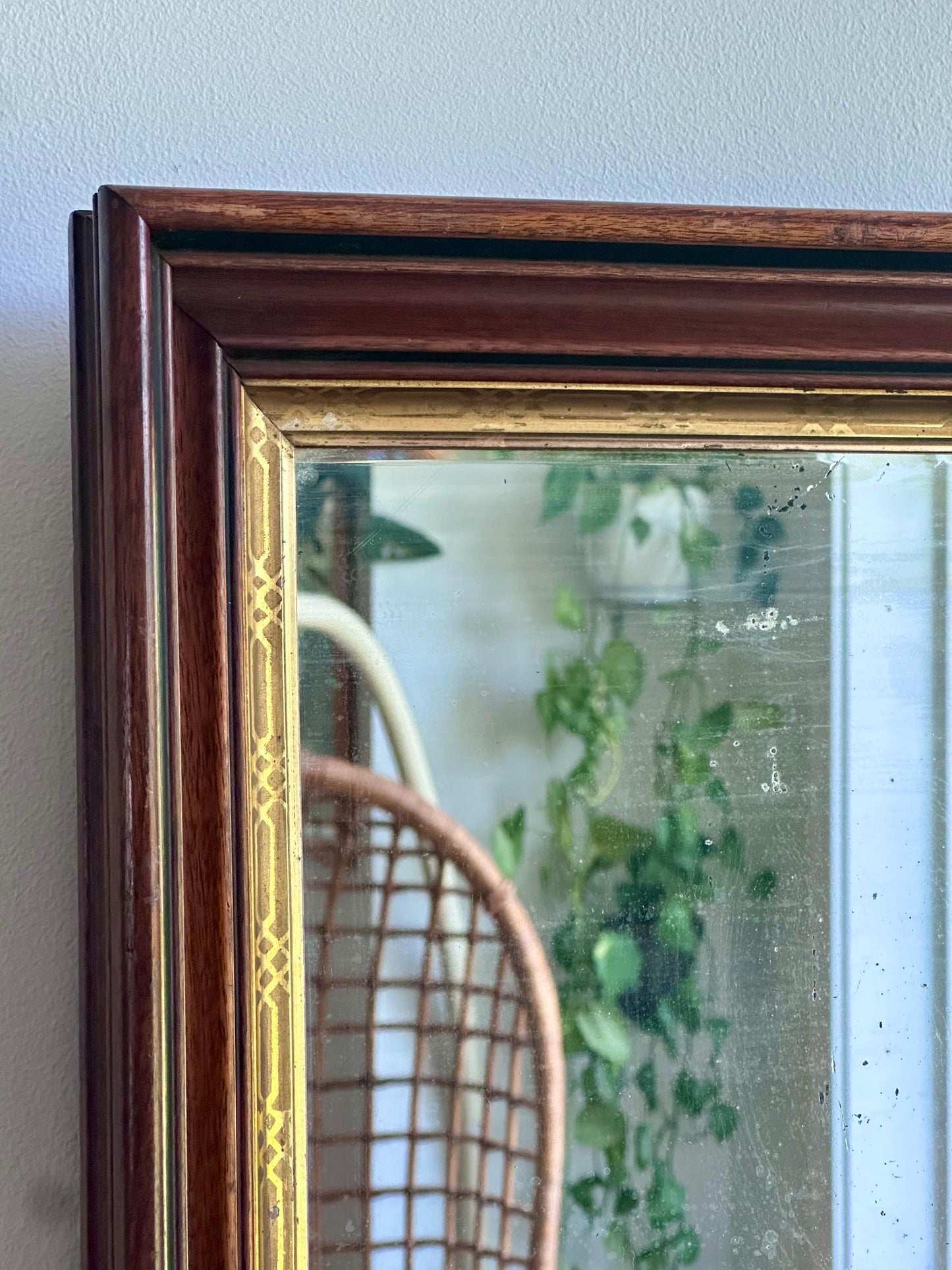 Antique Wall Mirror with Deep Wood Frame & Gilded Detailing | Late 19th Century Victorian Mirror | Thick Frame Beveled Edge Glass