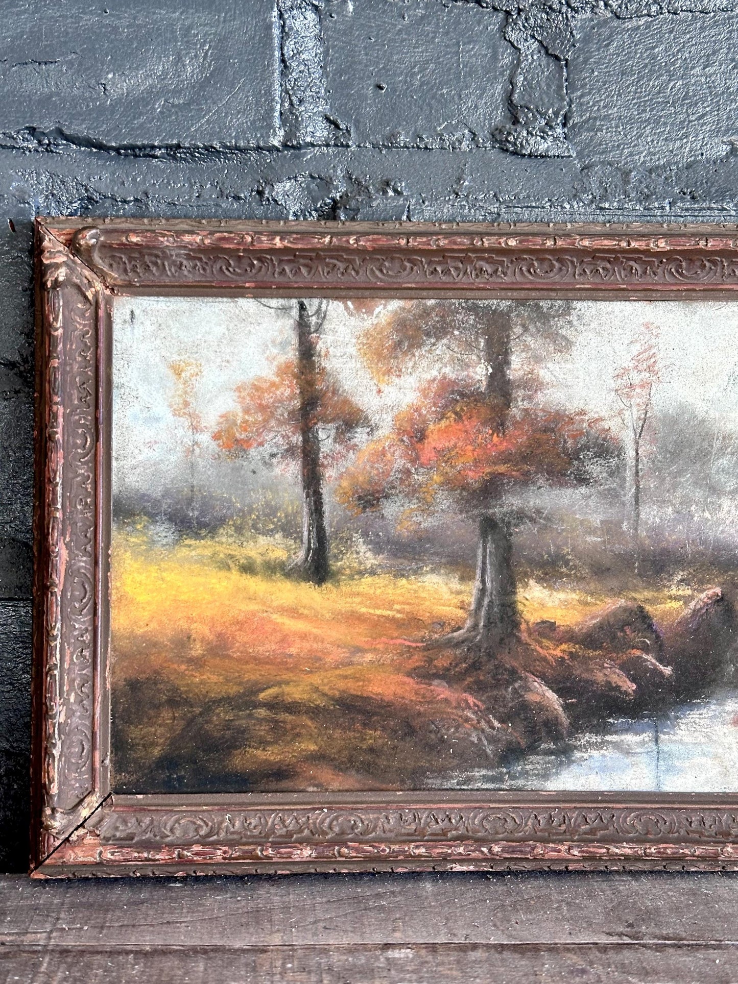 Antique Oil Pastel Landscape Painting | Vintage Framed Autumn Scene | Victorian Era Impressionist Artwork
