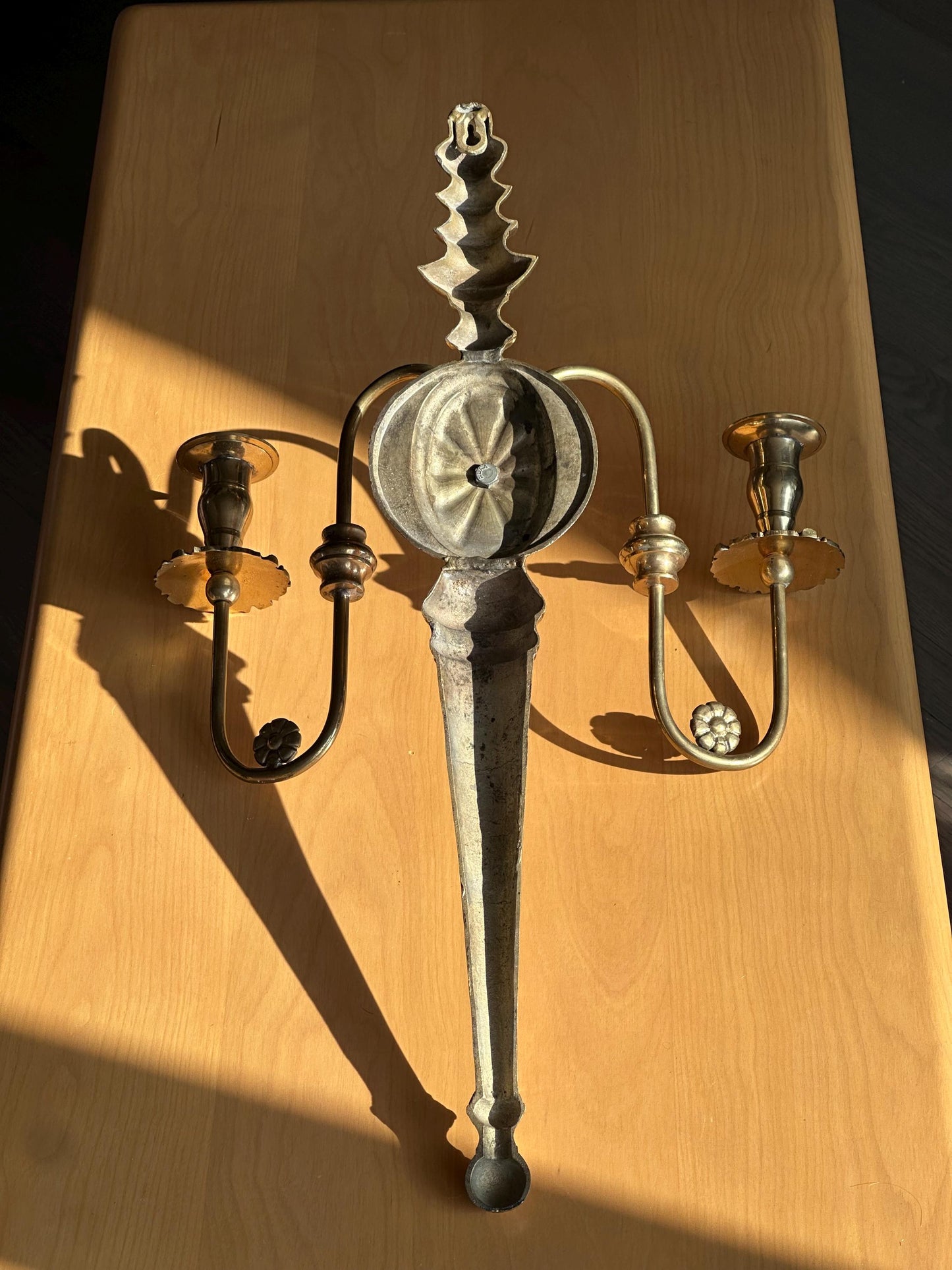 Vintage Brass Wall Sconce Candle Holder | Federal Colonial Style Two-Arm Wall Mount