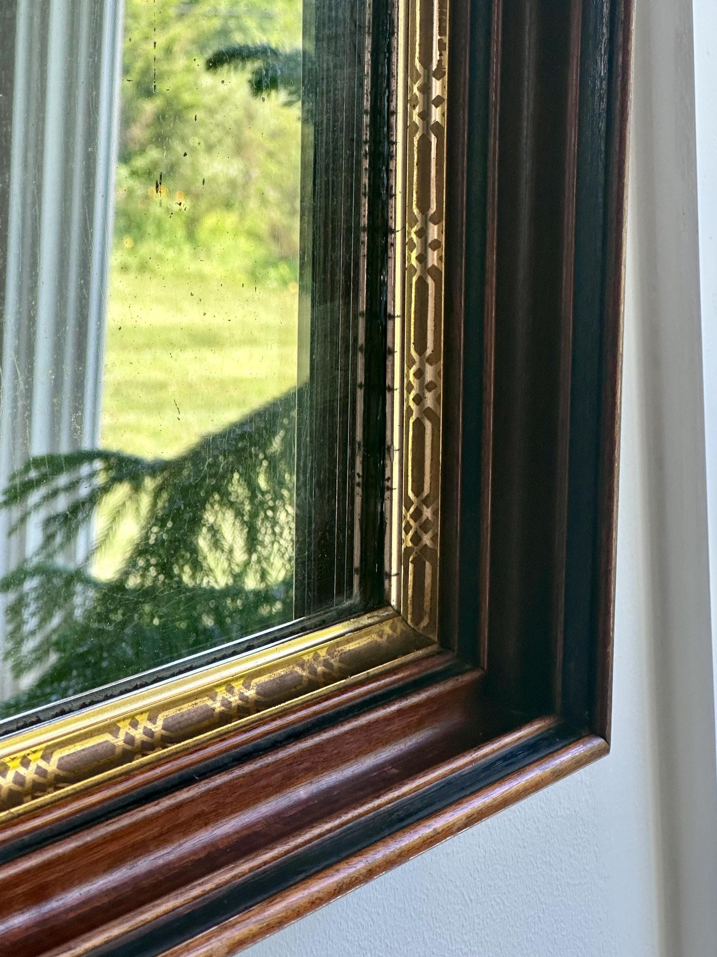 Antique Wall Mirror with Deep Wood Frame & Gilded Detailing | Late 19th Century Victorian Mirror | Thick Frame Beveled Edge Glass