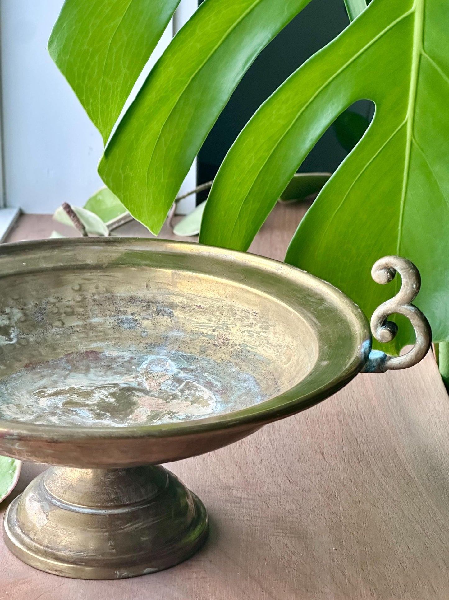 Vintage Brass Pedestal Bowl with Scroll Handles