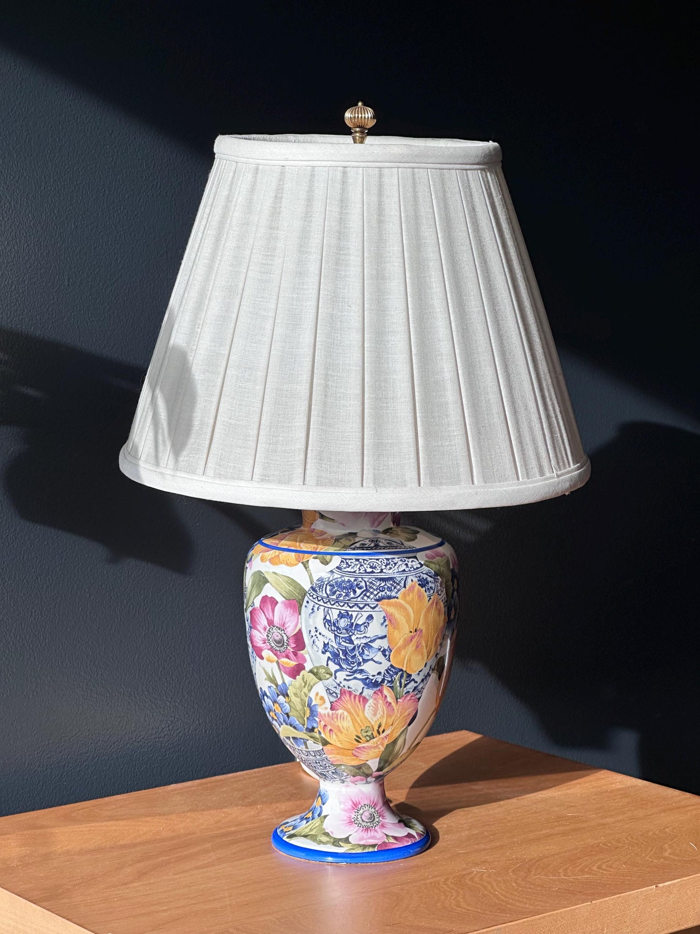 vintage italian floral ceramic table lamp with gracious home shade – vintage antique home decor from Mid Hudson Vintage